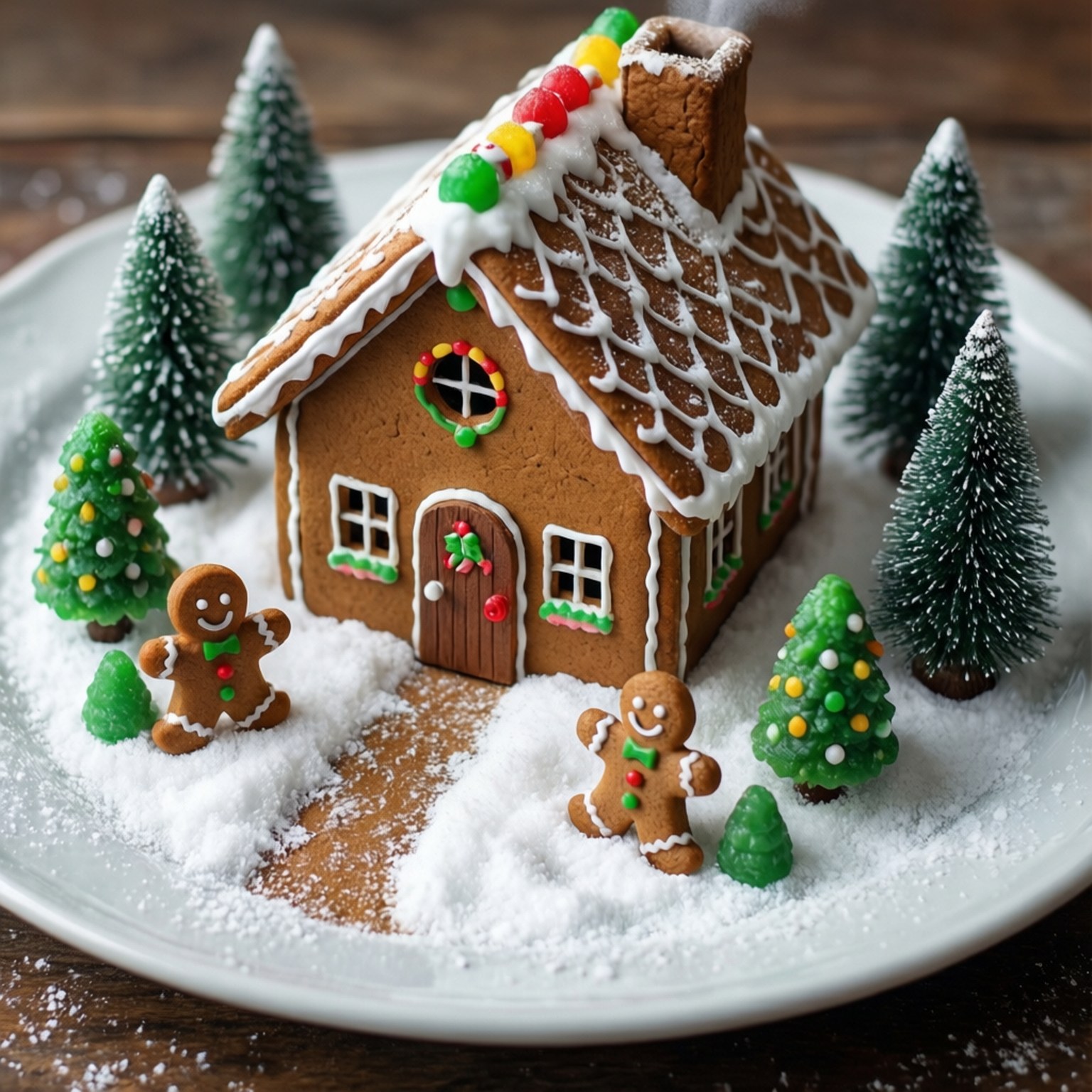 mini gingerbread village, white icing, candy decorations, HD Desktop Wallpaper