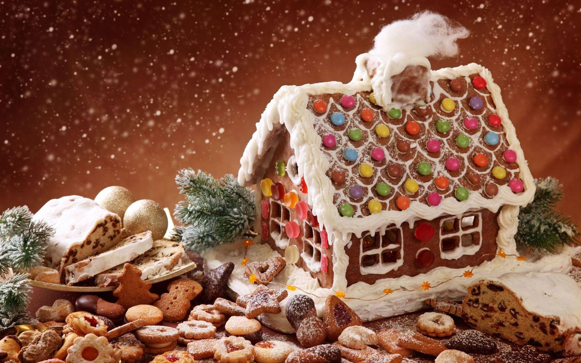 gingerbread house, colorful candies, white icing, Full HD Desktop Wallpaper