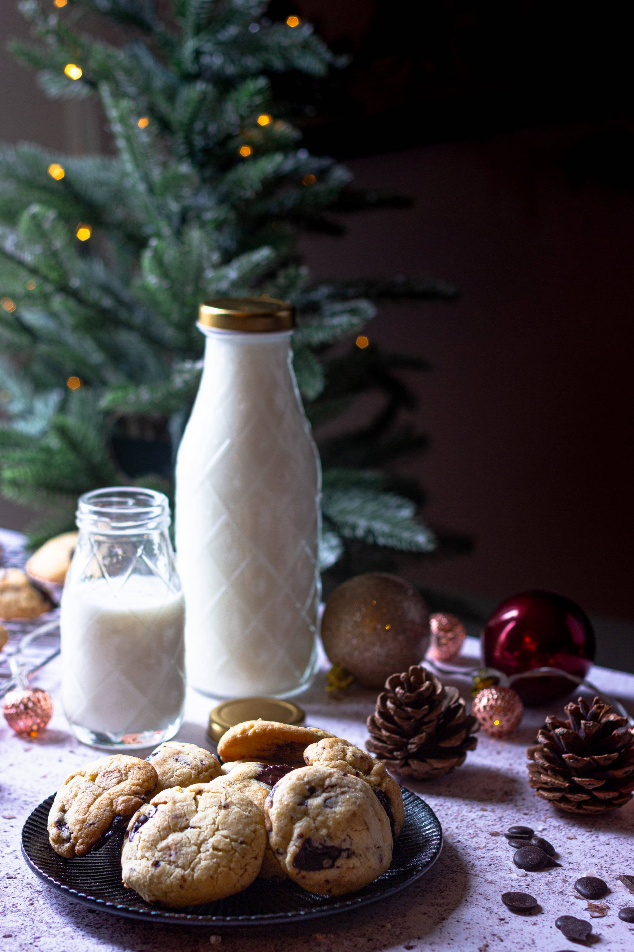 Christmas cookies, milk, Christmas tree, 2K Phone Wallpaper