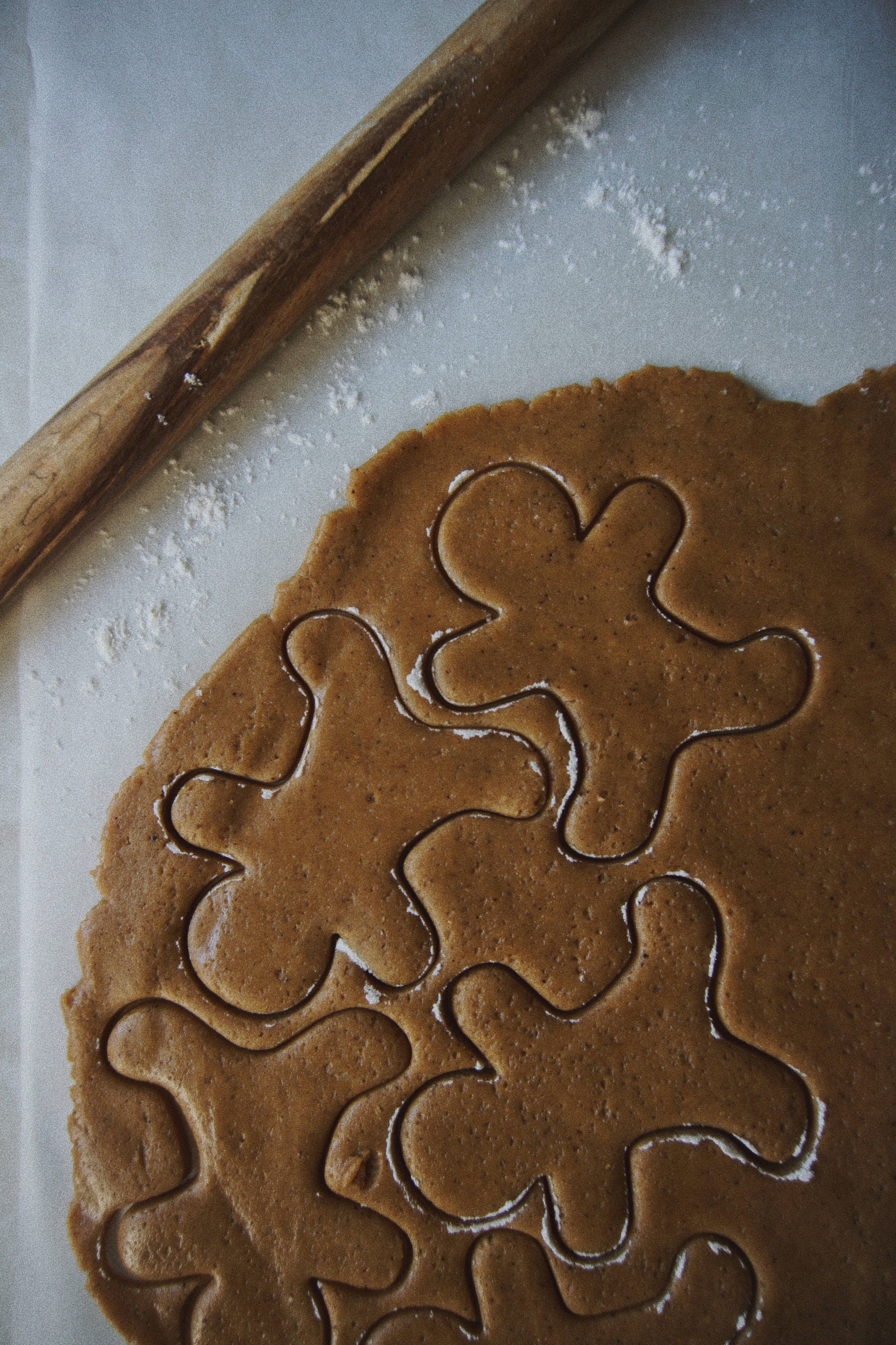 gingerbread dough, gingerbread man cutouts, wooden rolling pin, 4K Phone Wallpaper