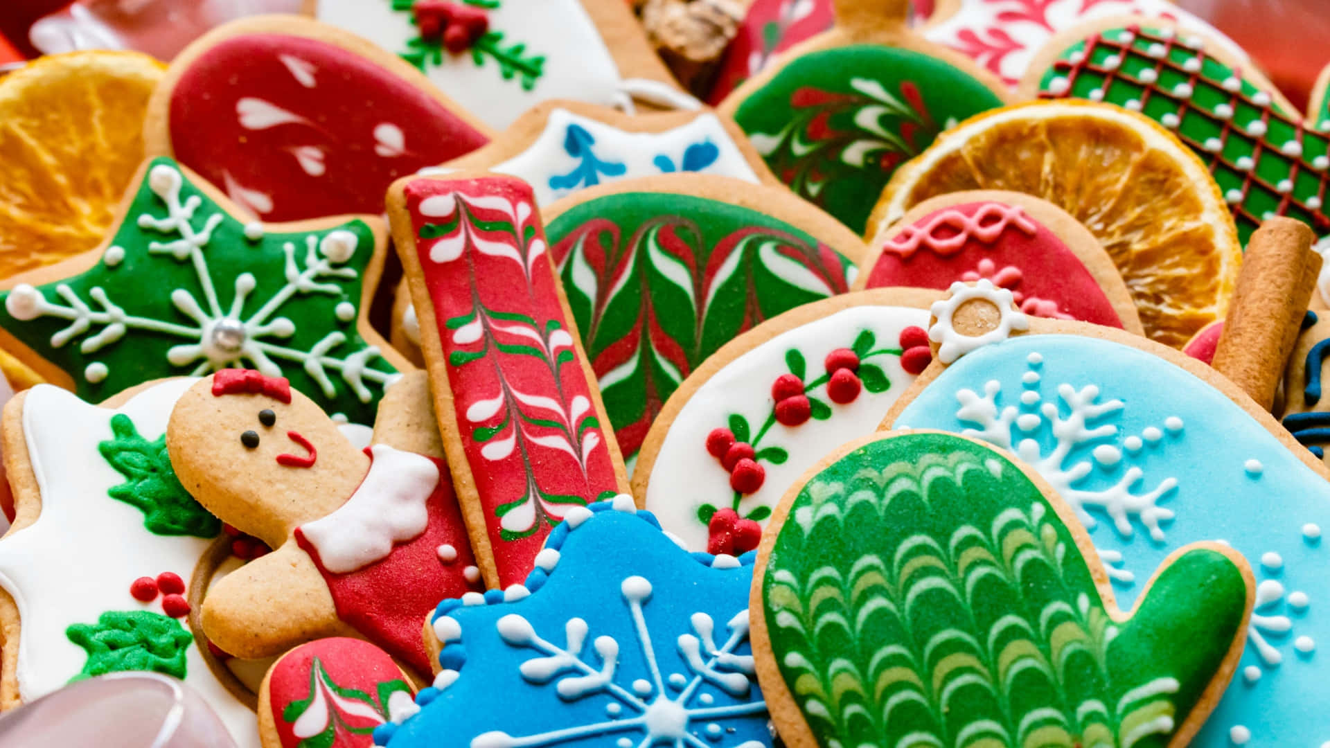 gingerbread men, snowflakes, mittens, Full HD Desktop Wallpaper