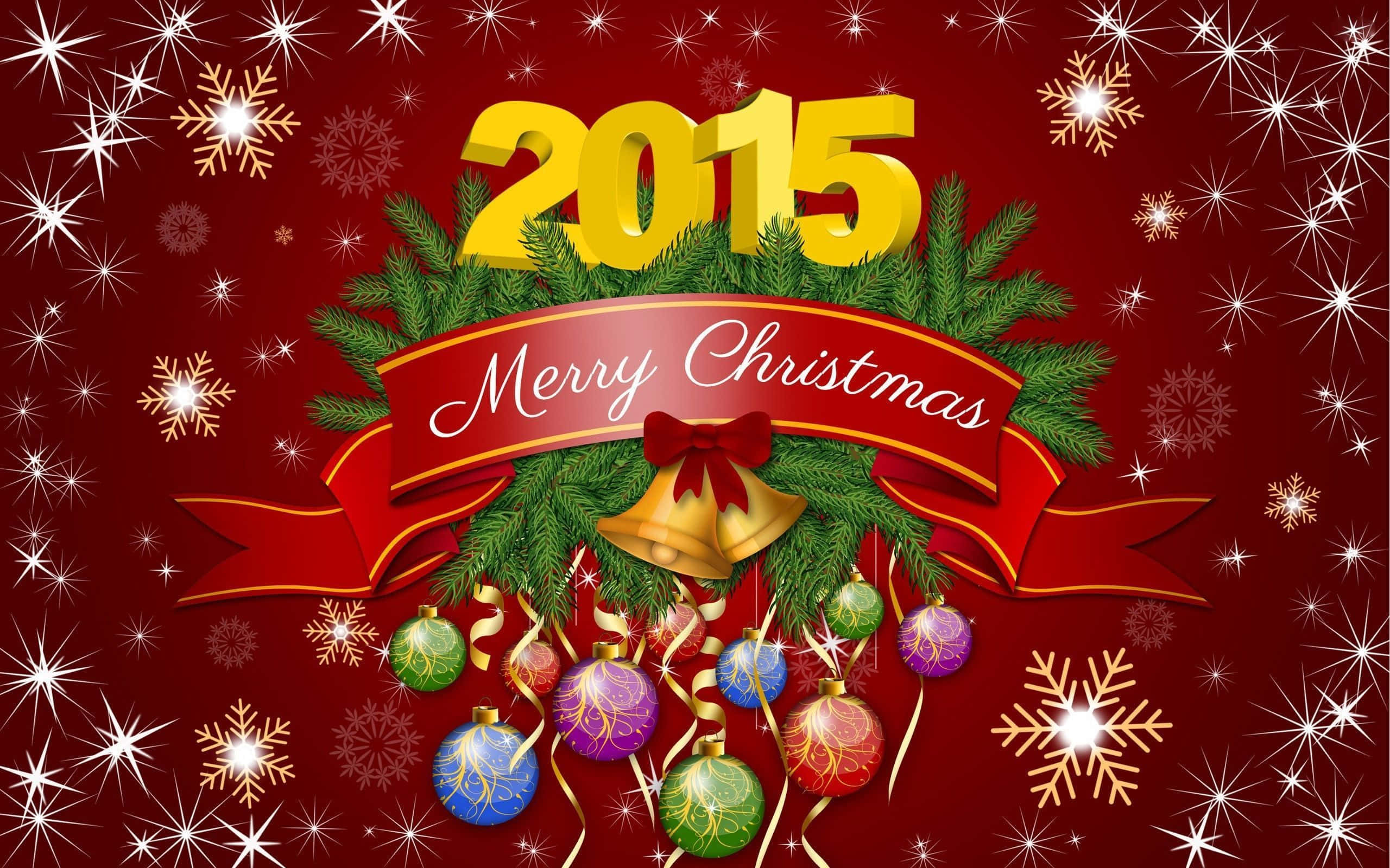 2015, pine garland, red ribbon, 2K Desktop Wallpaper