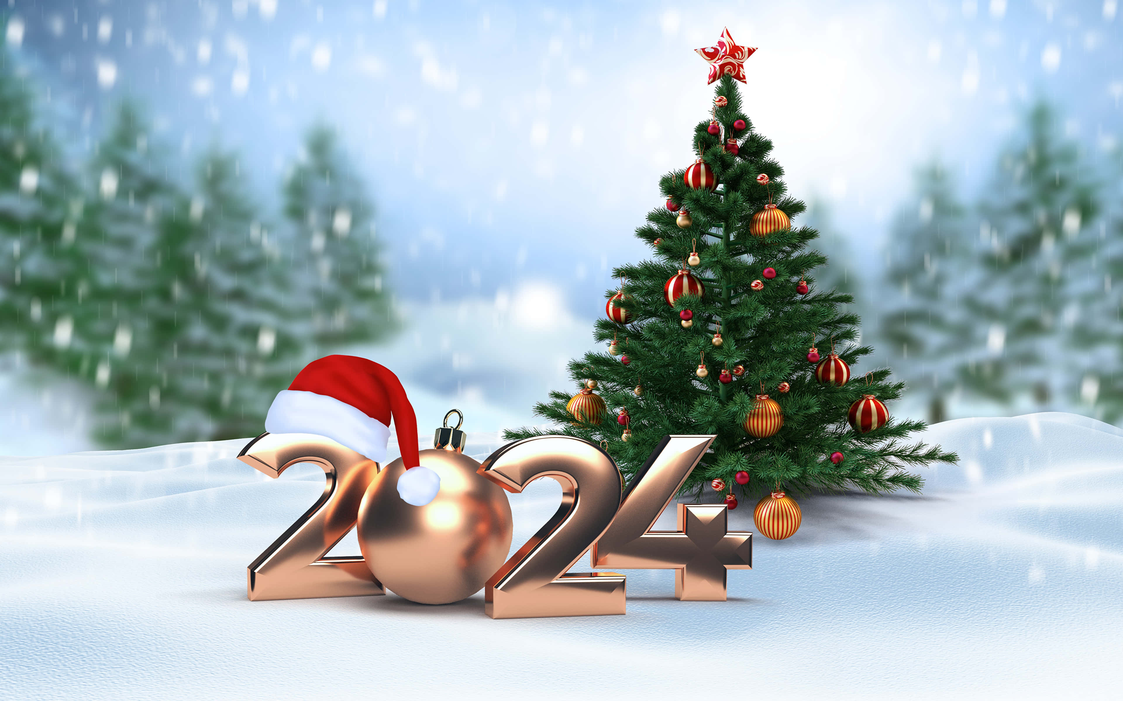 2024, Santa hat, red ornaments, 4K Desktop Wallpaper