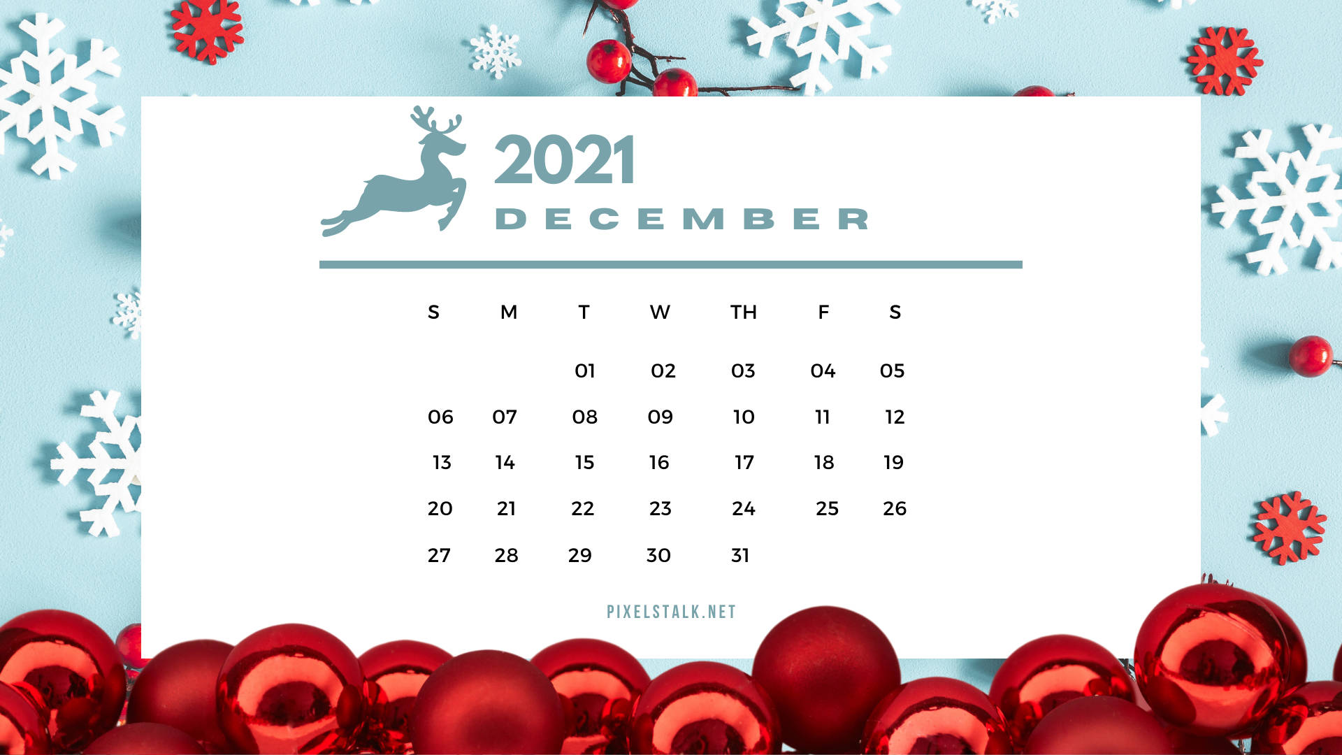 2021 December calendar, leaping reindeer logo, red ornaments, Full HD Desktop Wallpaper