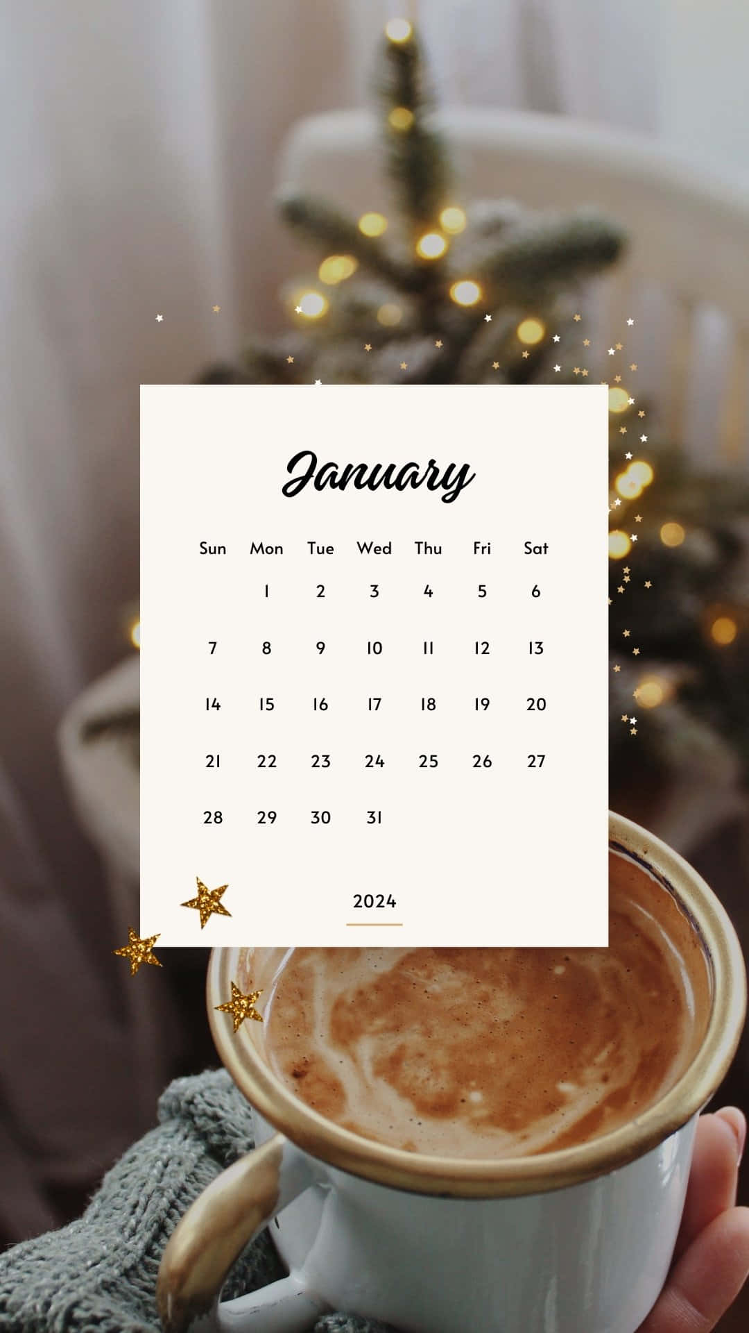 January 2024 calendar, steaming mug of cocoa, blurred Christmas tree, Full HD Phone Wallpaper