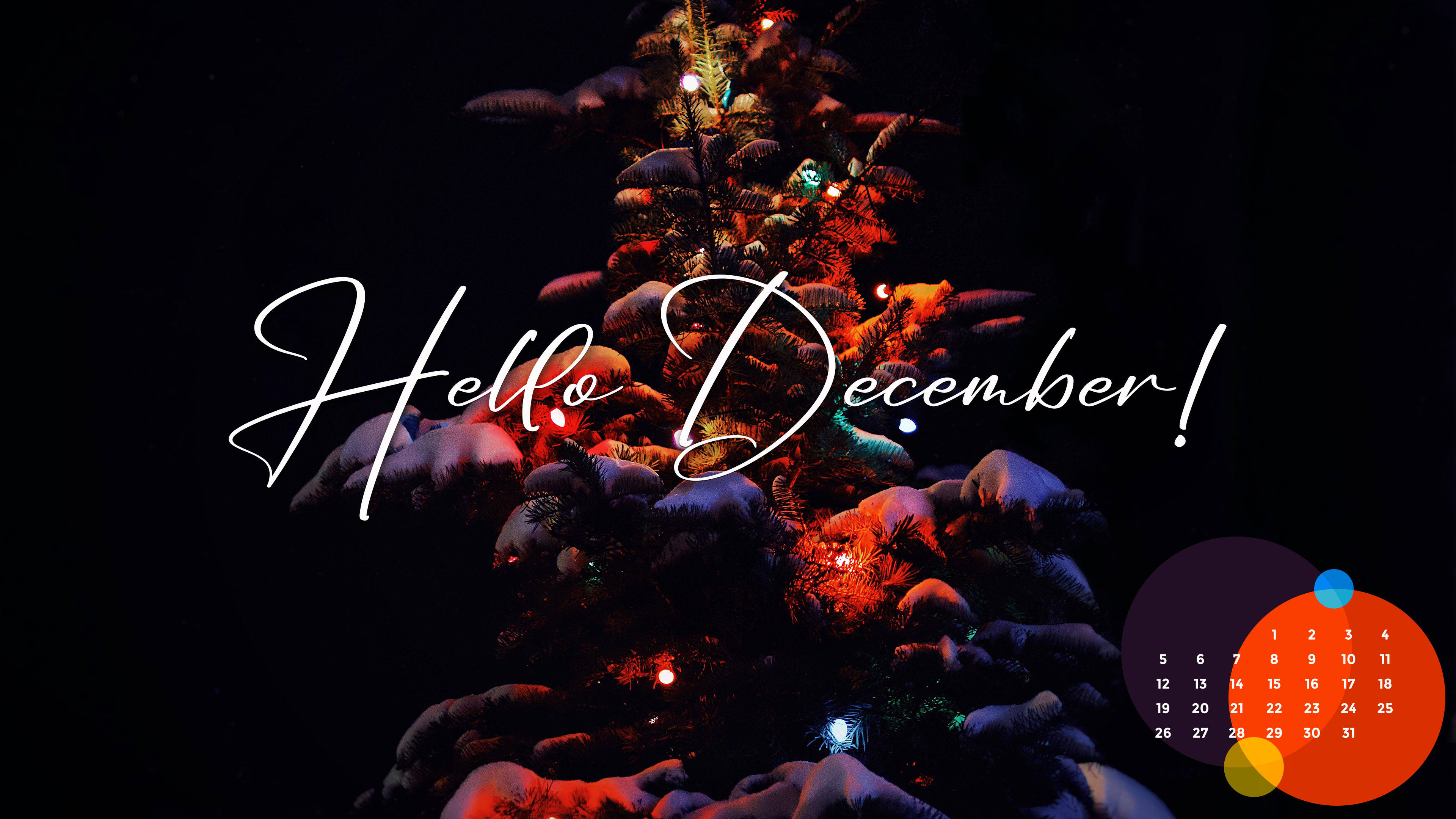 December Christmas Night Calendar 2021, snow-covered Christmas tree, colorful lights, 4K Desktop Wallpaper