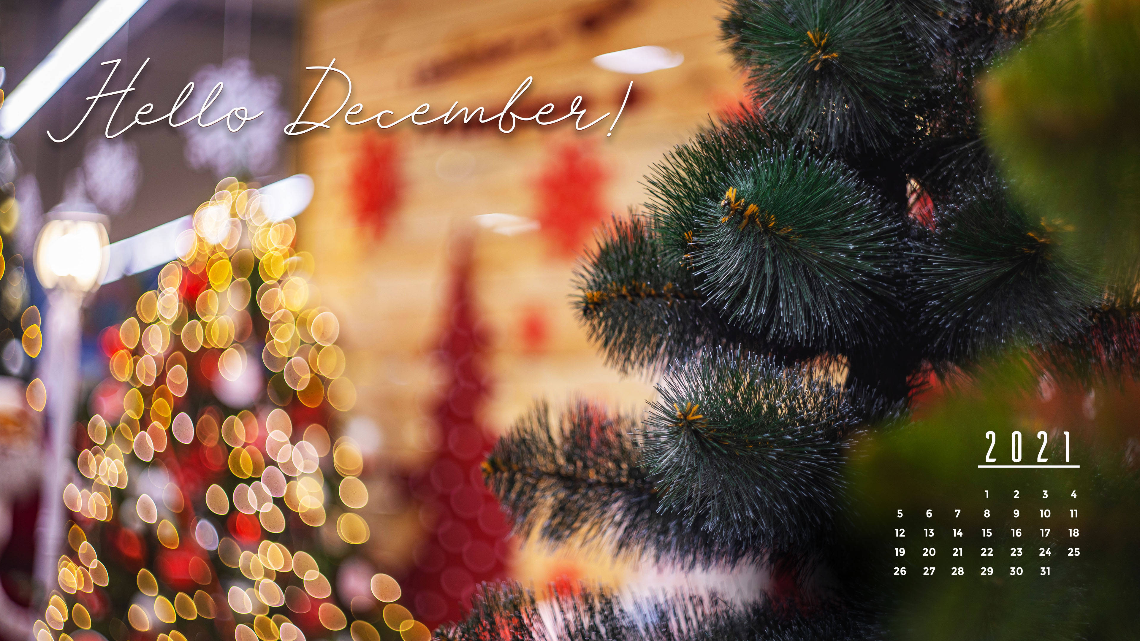 December Christmas Tree Calendar 2021, pine tree branch, bokeh holiday lights, 4K Desktop Wallpaper