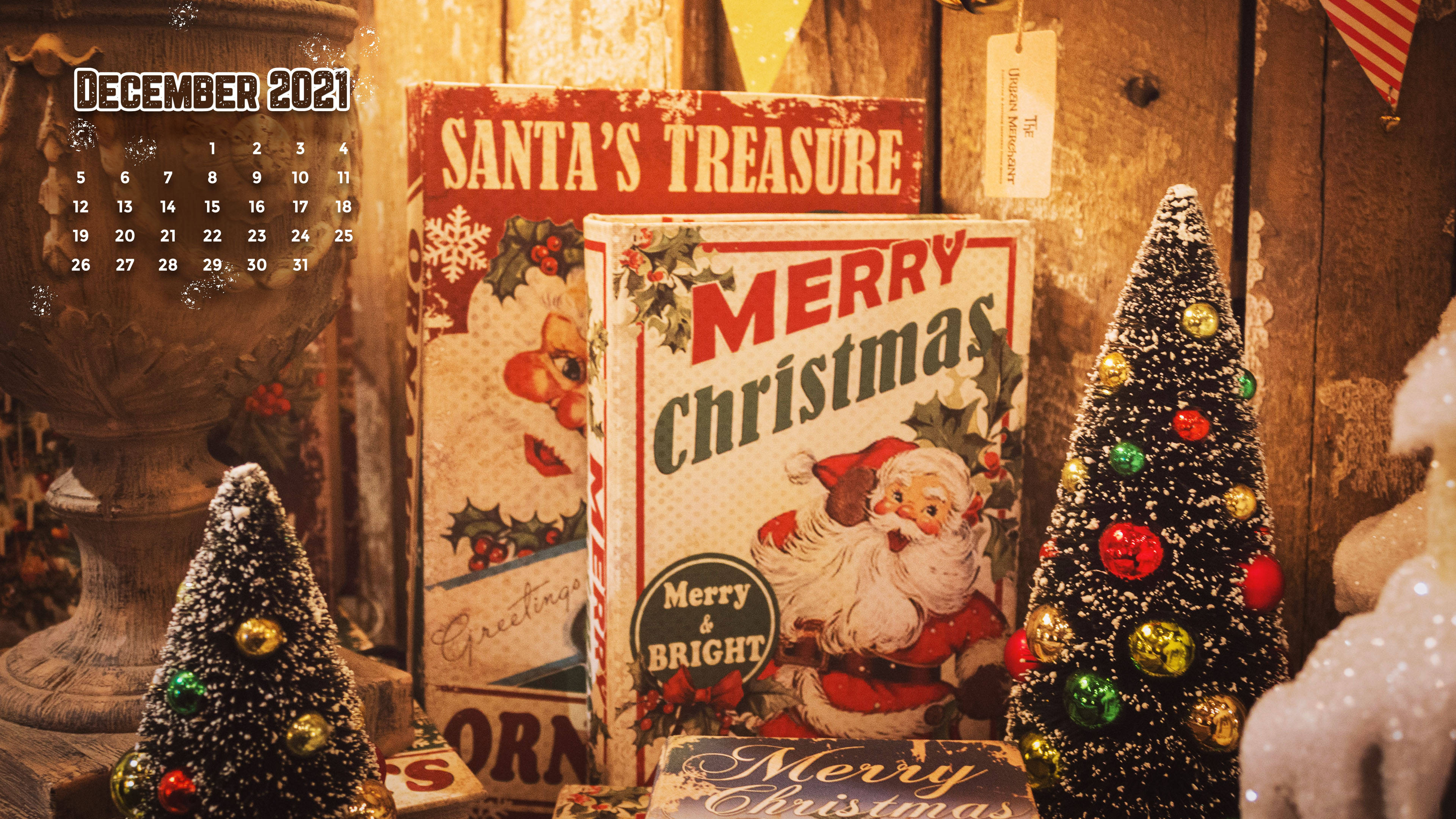 December Vintage Christmas Calendar 2021, Santa-themed boxes, miniature trees, 4K Desktop Wallpaper