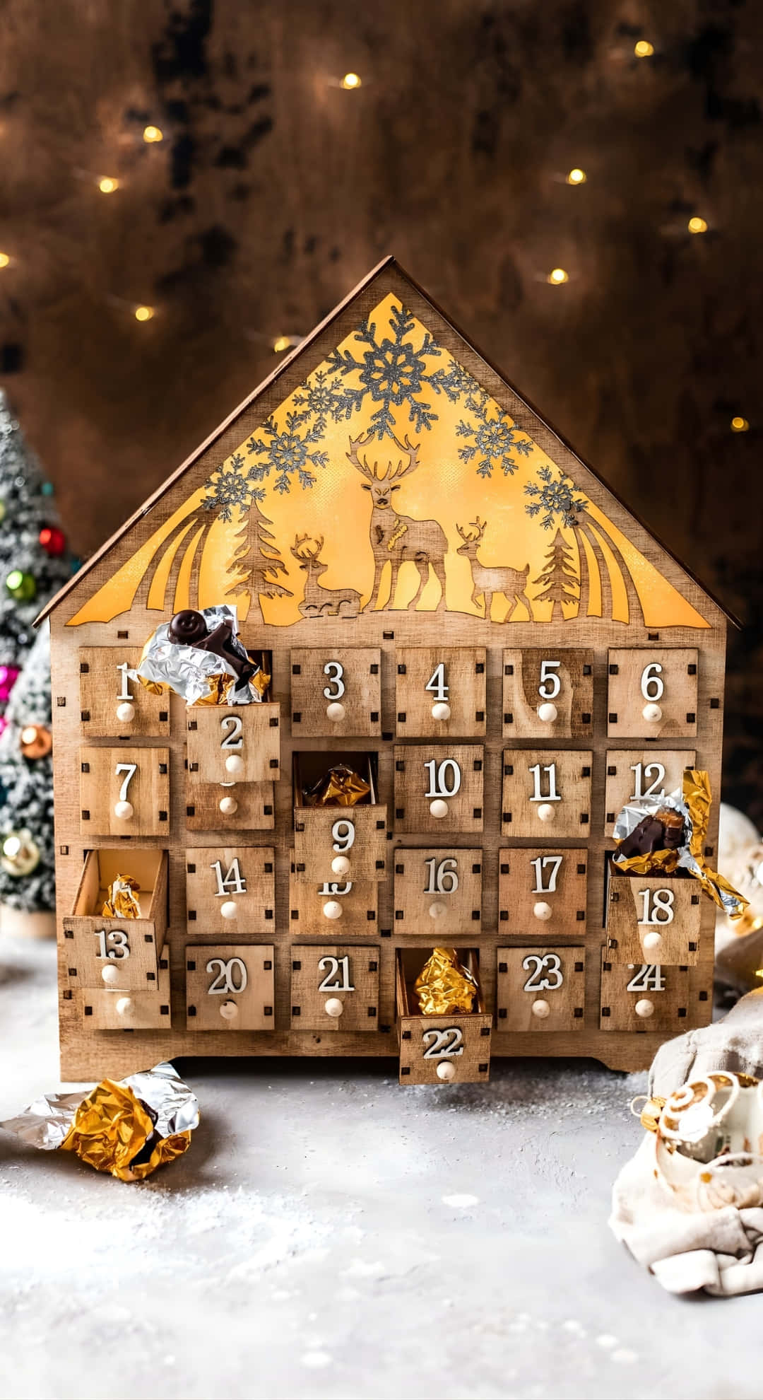 rustic wooden advent calendar, wooden house-shaped advent calendar, snowflake and deer designs, Full HD Phone Wallpaper