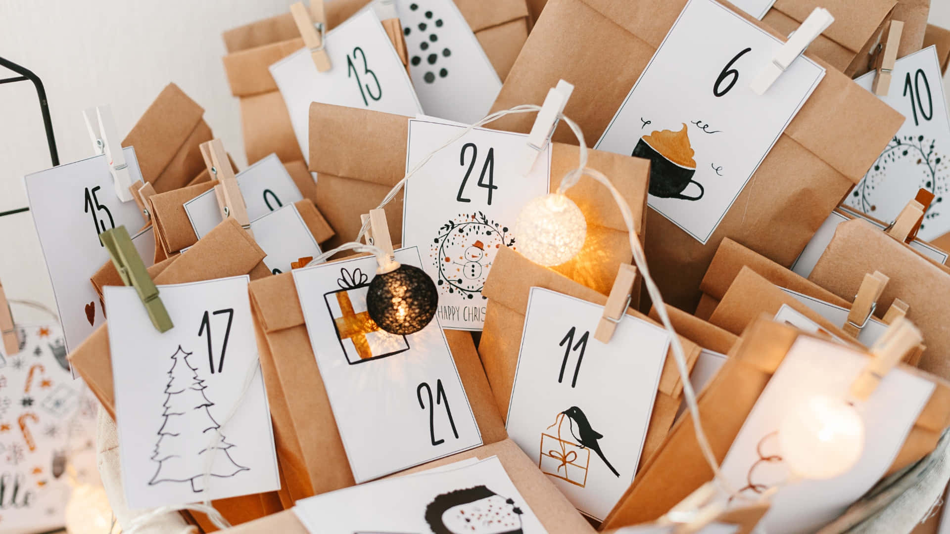 advent calendar, brown paper bags, numbered 6 to 24, Full HD Desktop Wallpaper