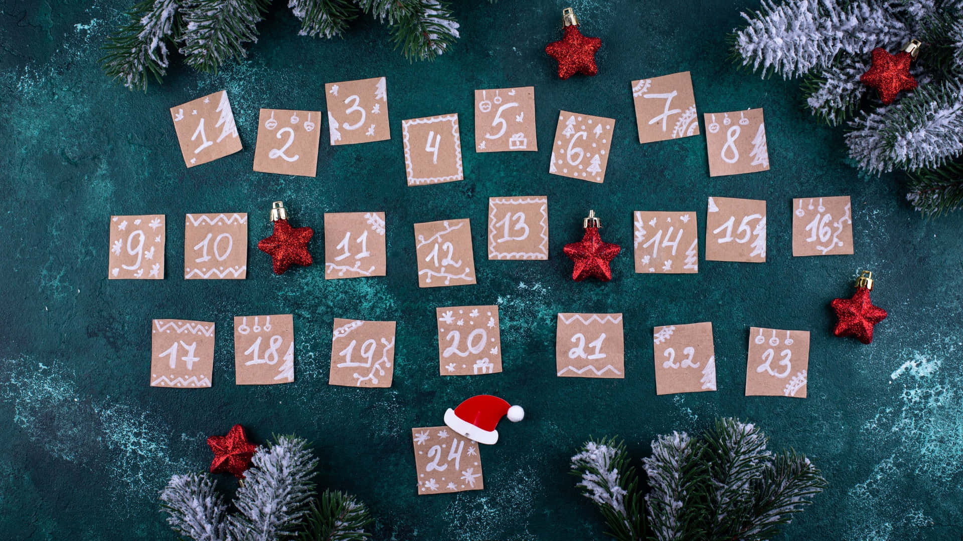 advent calendar, numbered 1 to 24, red star ornaments, Full HD Desktop Wallpaper