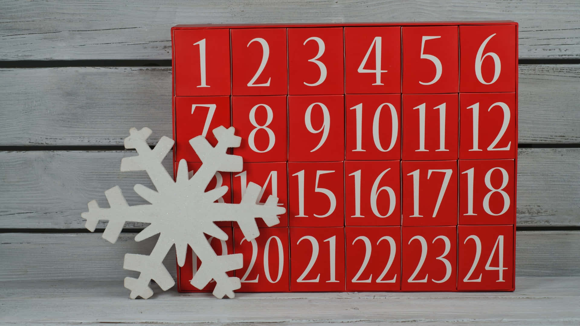 red wooden advent calendar, white numbers, large white snowflake, Full HD Desktop Wallpaper