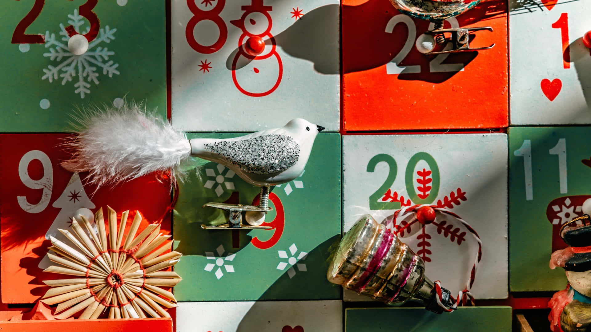 advent calendar, snowflakes, glittery bird ornament, Full HD Desktop Wallpaper