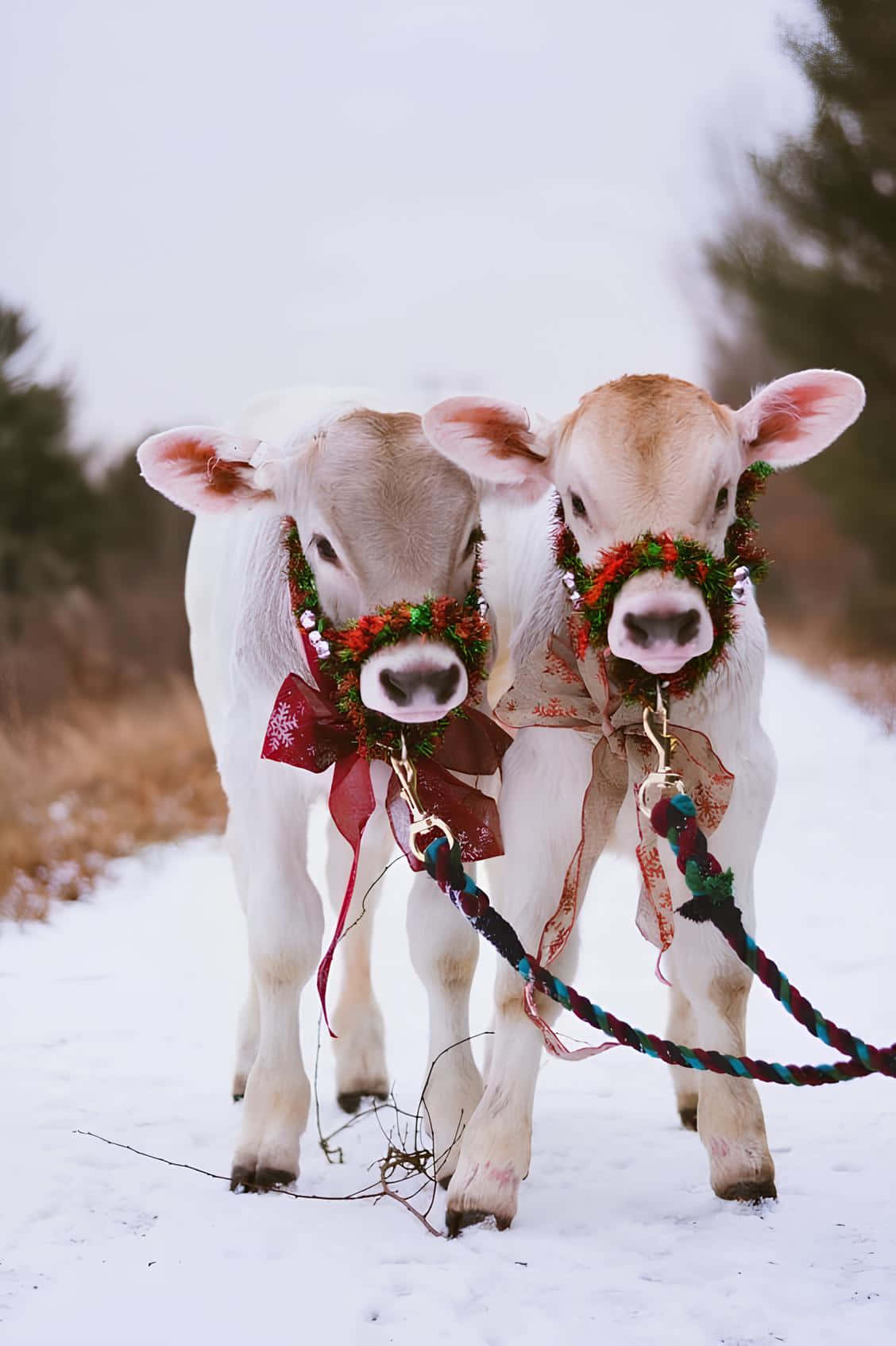 Festive Christmas Cows, wreaths, bows, HD Phone Wallpaper
