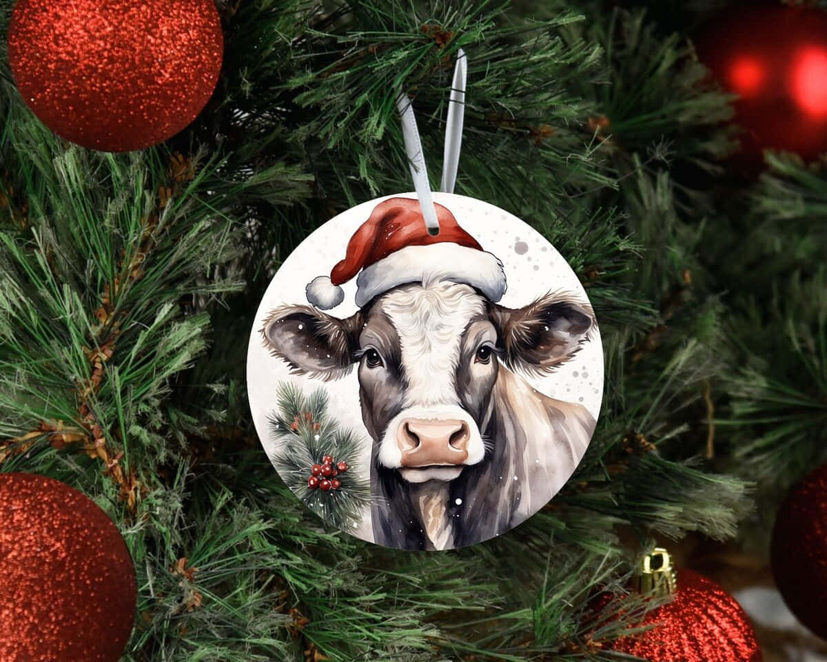 Christmas Cow, Santa hat, pine tree, SD Desktop Wallpaper