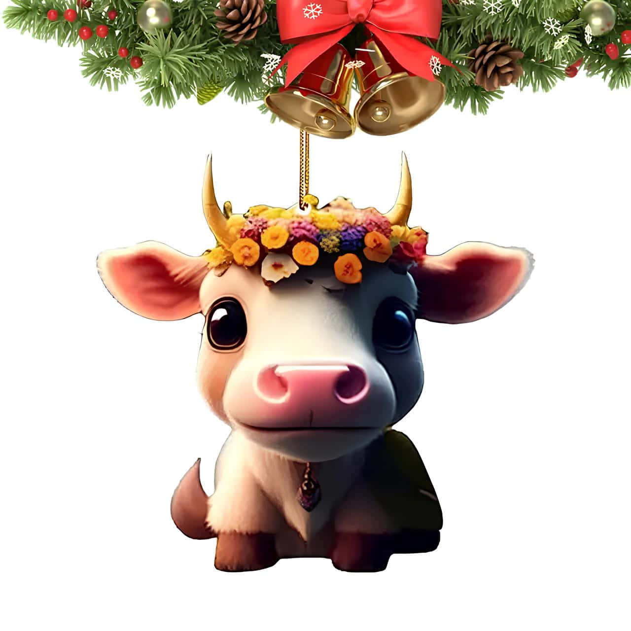 Christmas Cow, floral crown, festive pine garland, HD Desktop Wallpaper