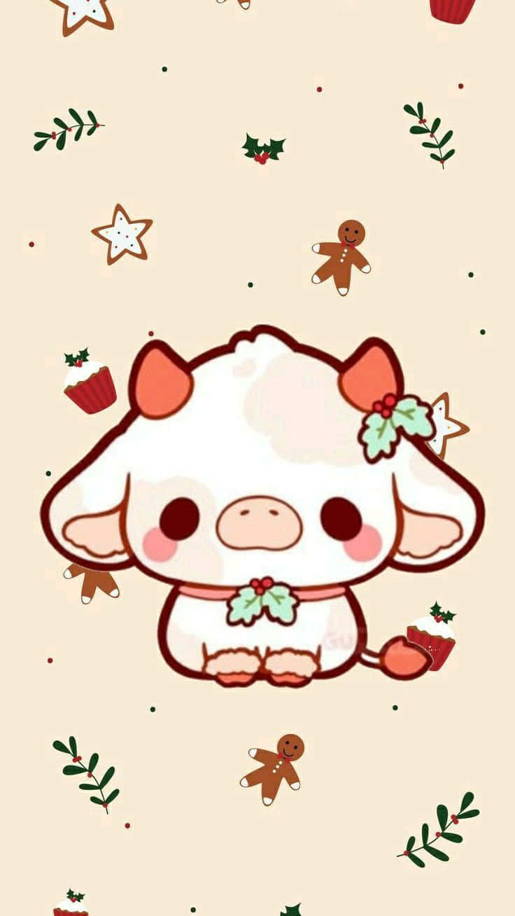 Christmas Cow, cartoon cow, holly, HD Phone Wallpaper