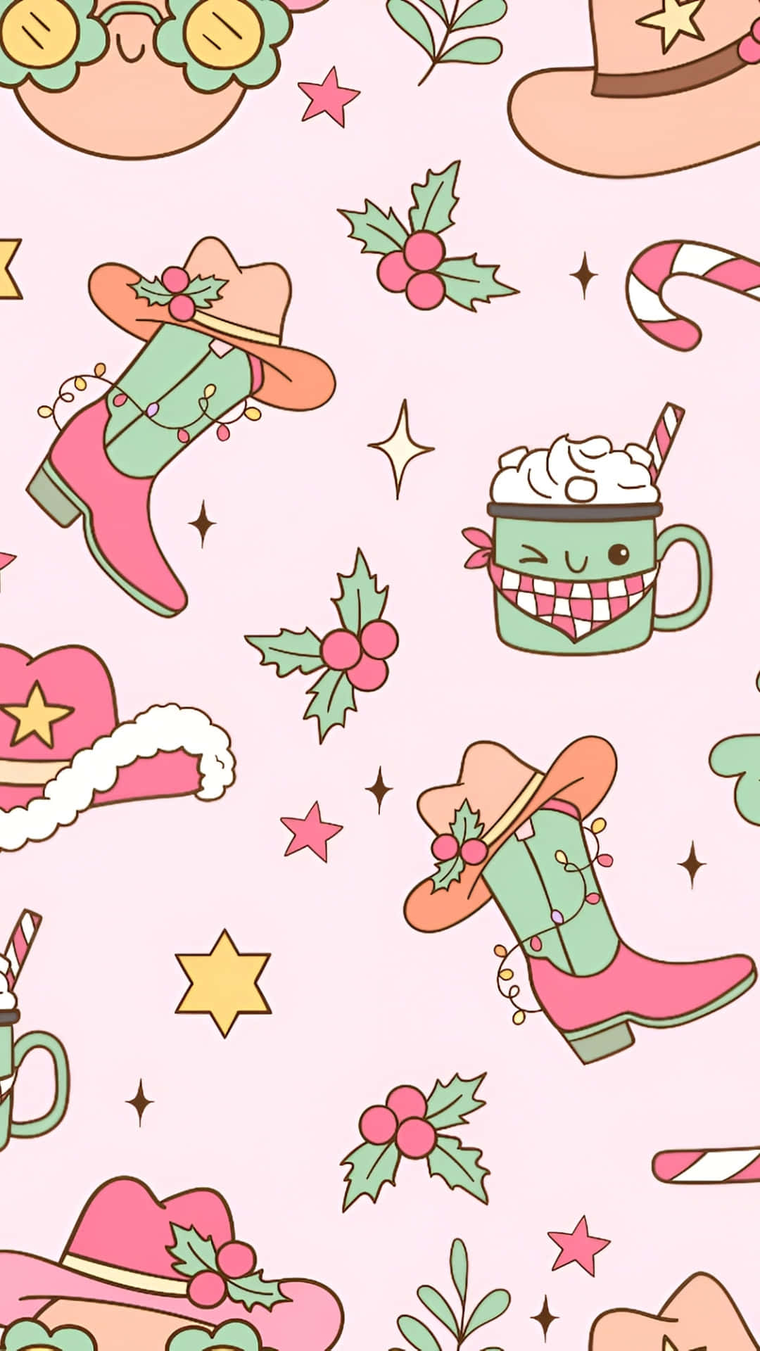 Cowgirl Christmas Pattern, pink wallpaper, cowboy boots, Full HD Phone Wallpaper