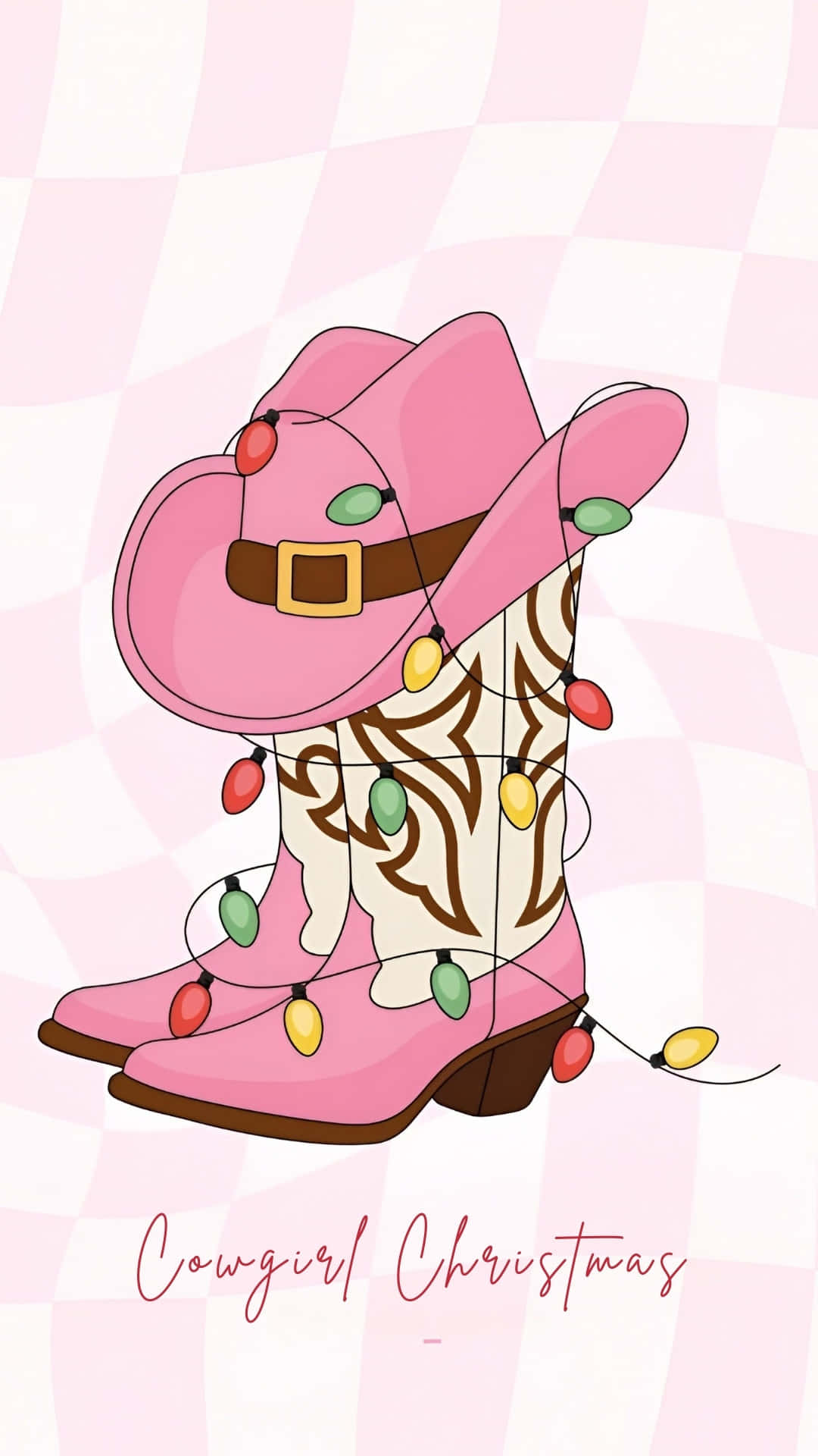 pink cowboy hat, pink cowgirl boots, colorful Christmas lights, Full HD Phone Wallpaper