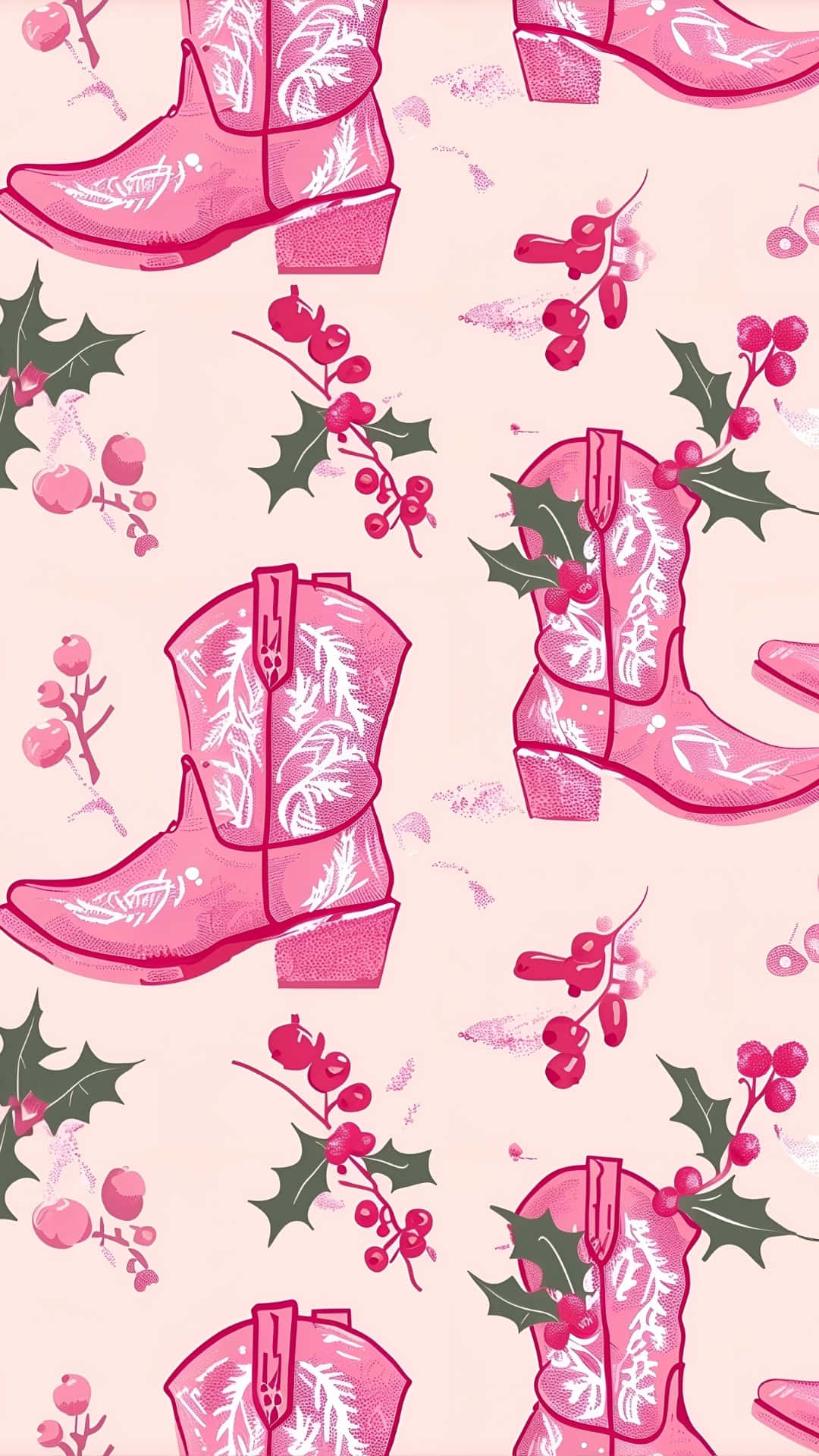 pink cowgirl boots, white embroidery, holly berries, Full HD Phone Wallpaper