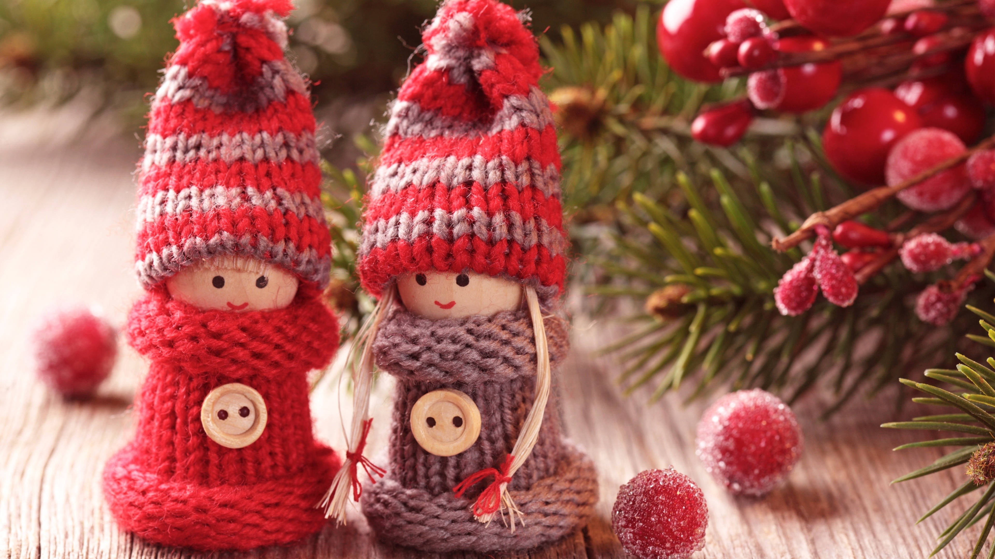 Christmas Desktop, winter dolls, knitted snowman figurines, 4K Desktop Wallpaper
