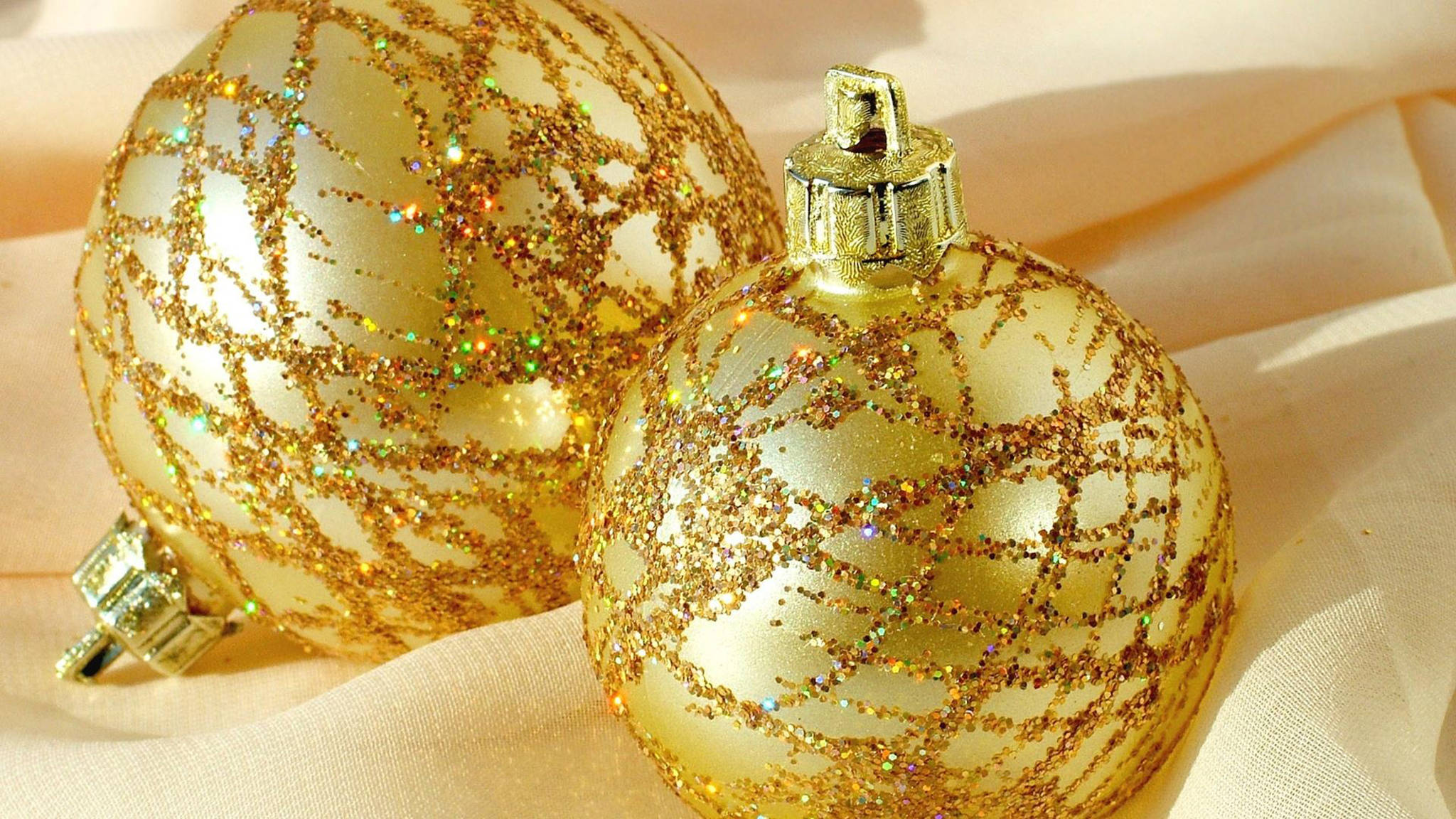 Christmas Desktop, gold glitter balls, cream fabric, Full HD Desktop Wallpaper