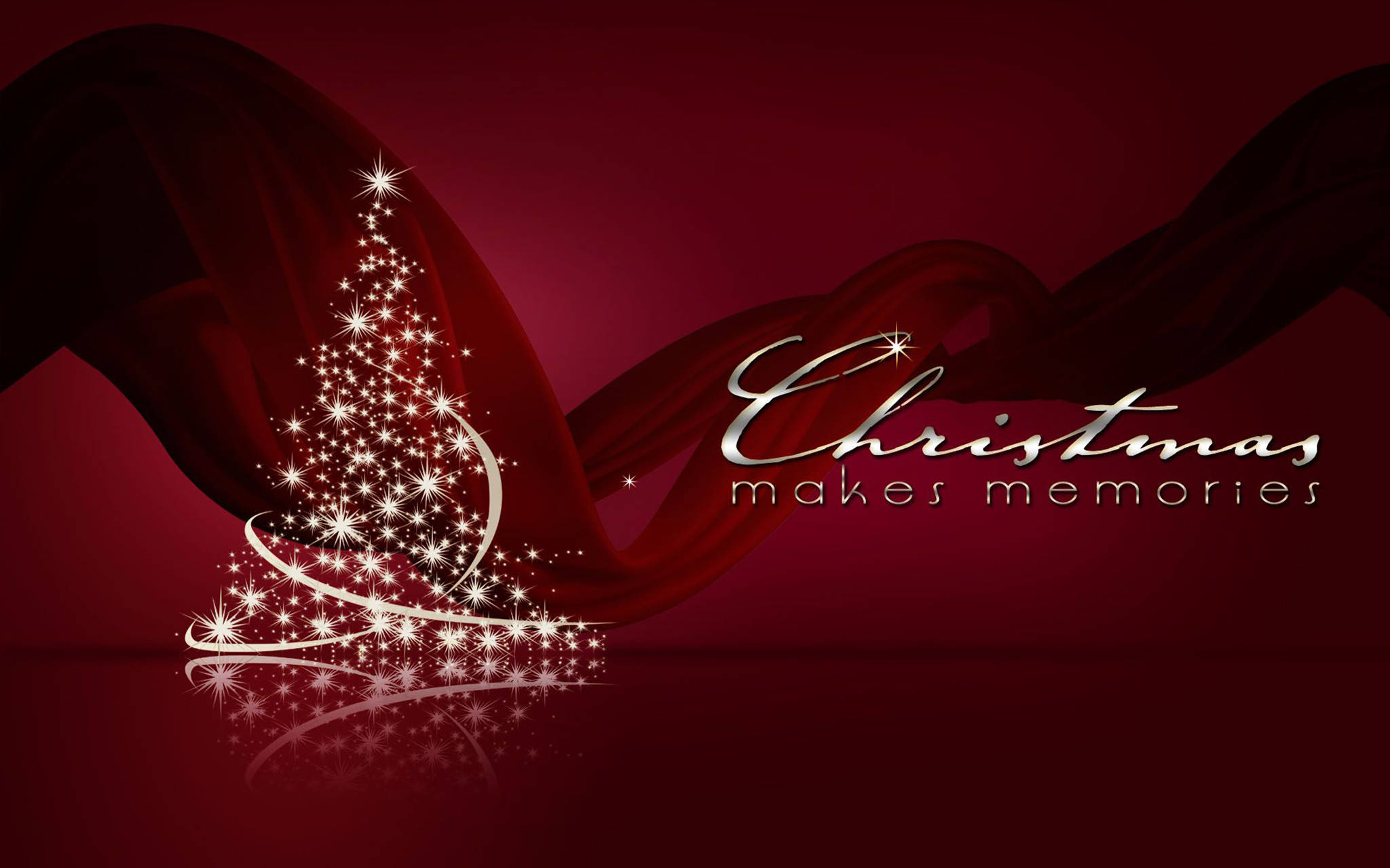 sparkling silver Christmas tree, stars, deep red satin backdrop, Full HD Desktop Wallpaper