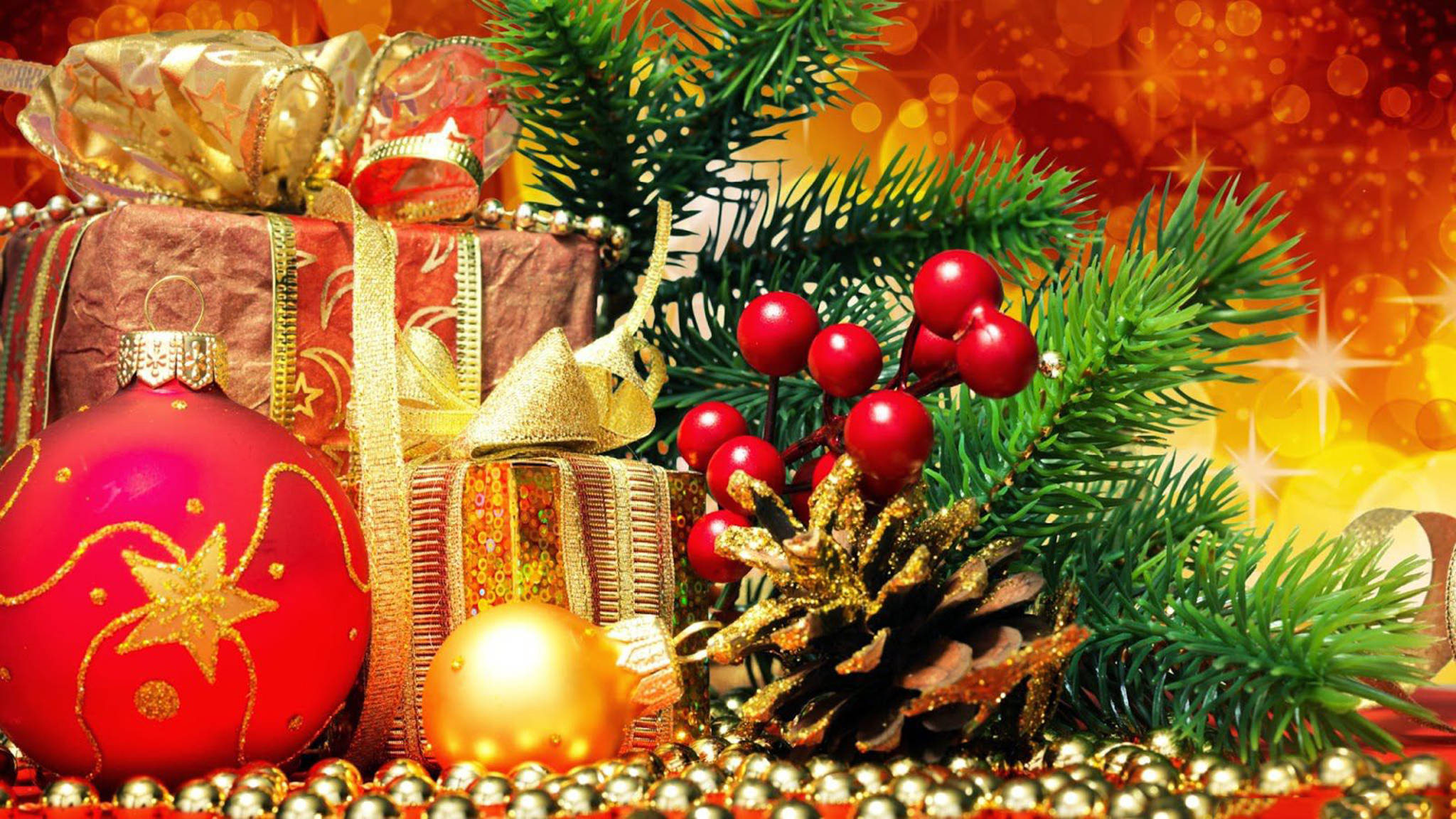 Christmas Desktop, red ornaments, gold bows, Full HD Desktop Wallpaper