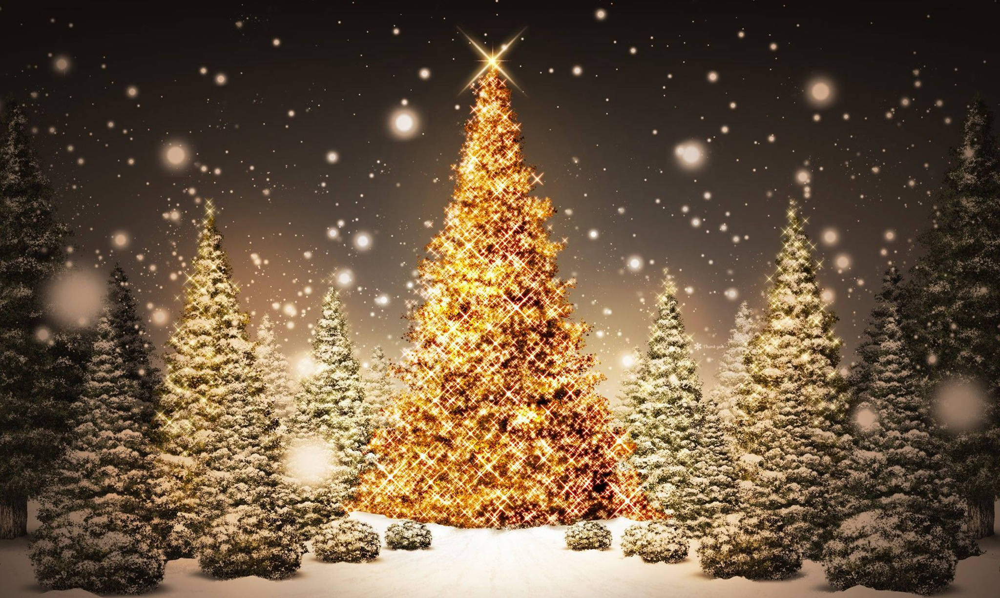 Christmas Desktop, golden tree, falling snow, Full HD Desktop Wallpaper
