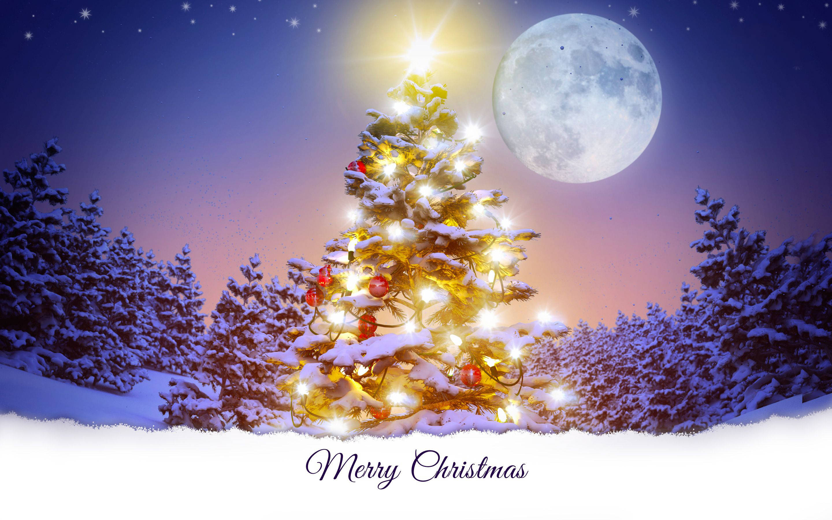 Radiant Christmas Desktop Tree, snow-covered, glowing with warm lights, 2K Desktop Wallpaper