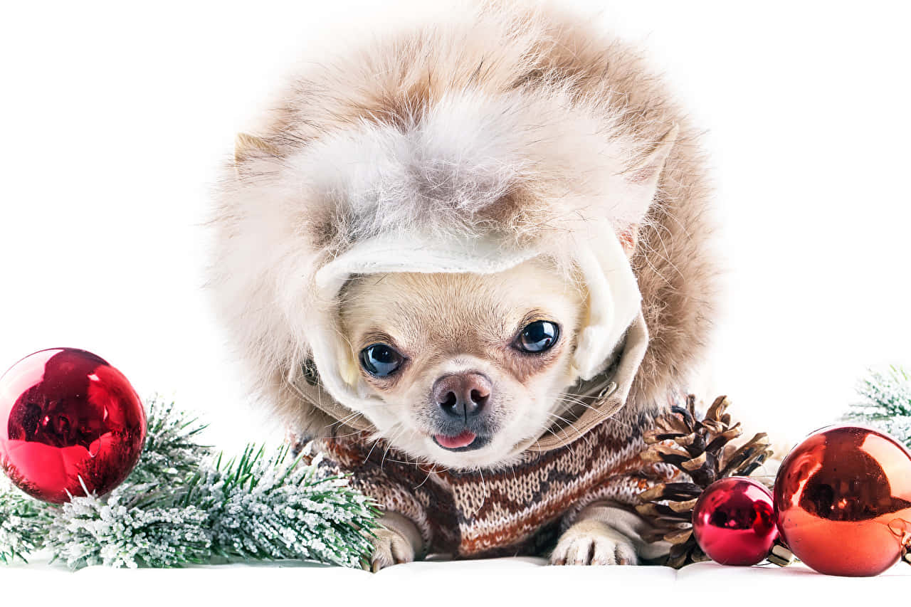Christmas Dog, chihuahua, fluffy winter hat, HD Desktop Wallpaper