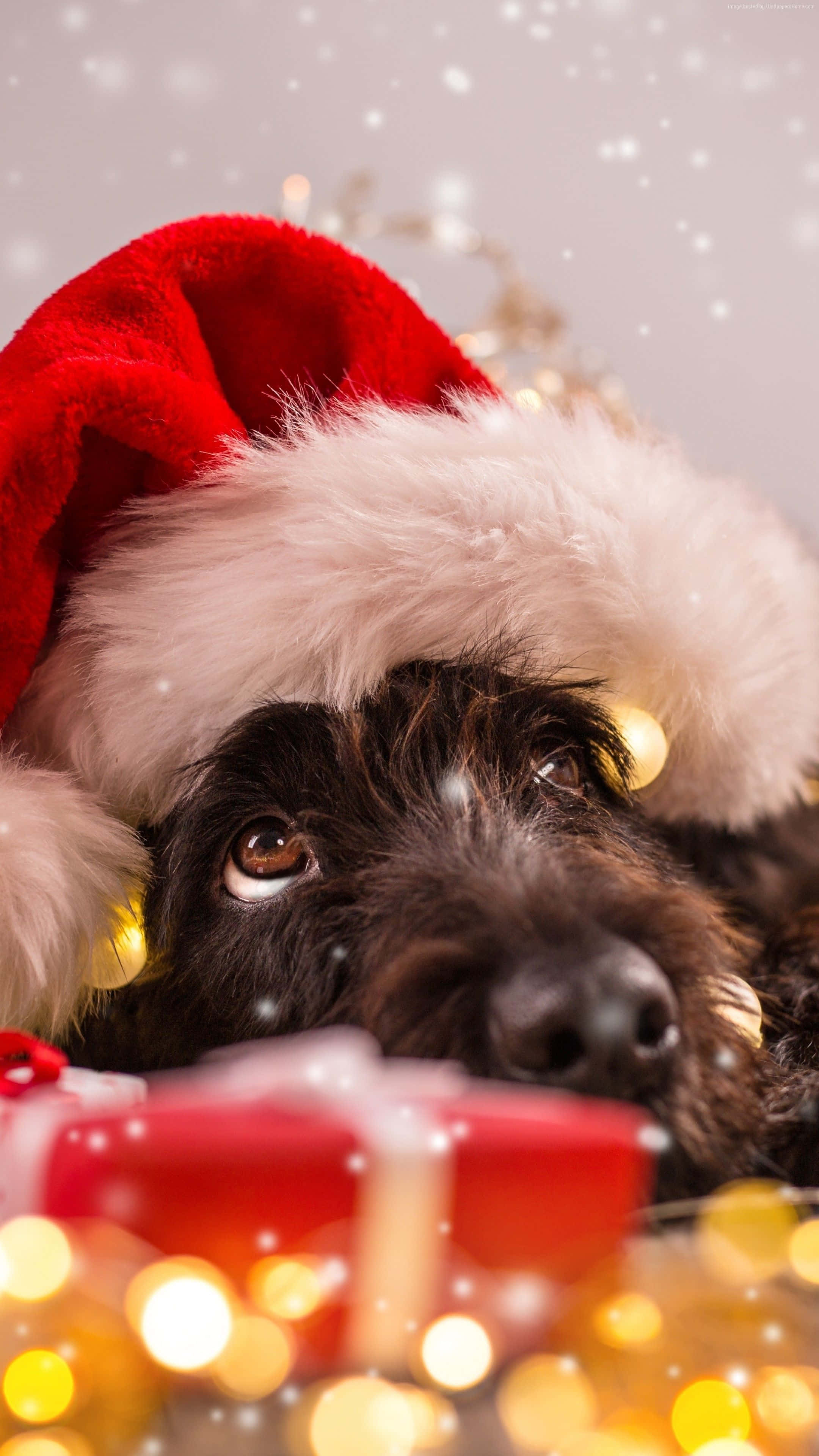 Christmas Dog, fluffy black dog, red Santa hat, 4K Phone Wallpaper