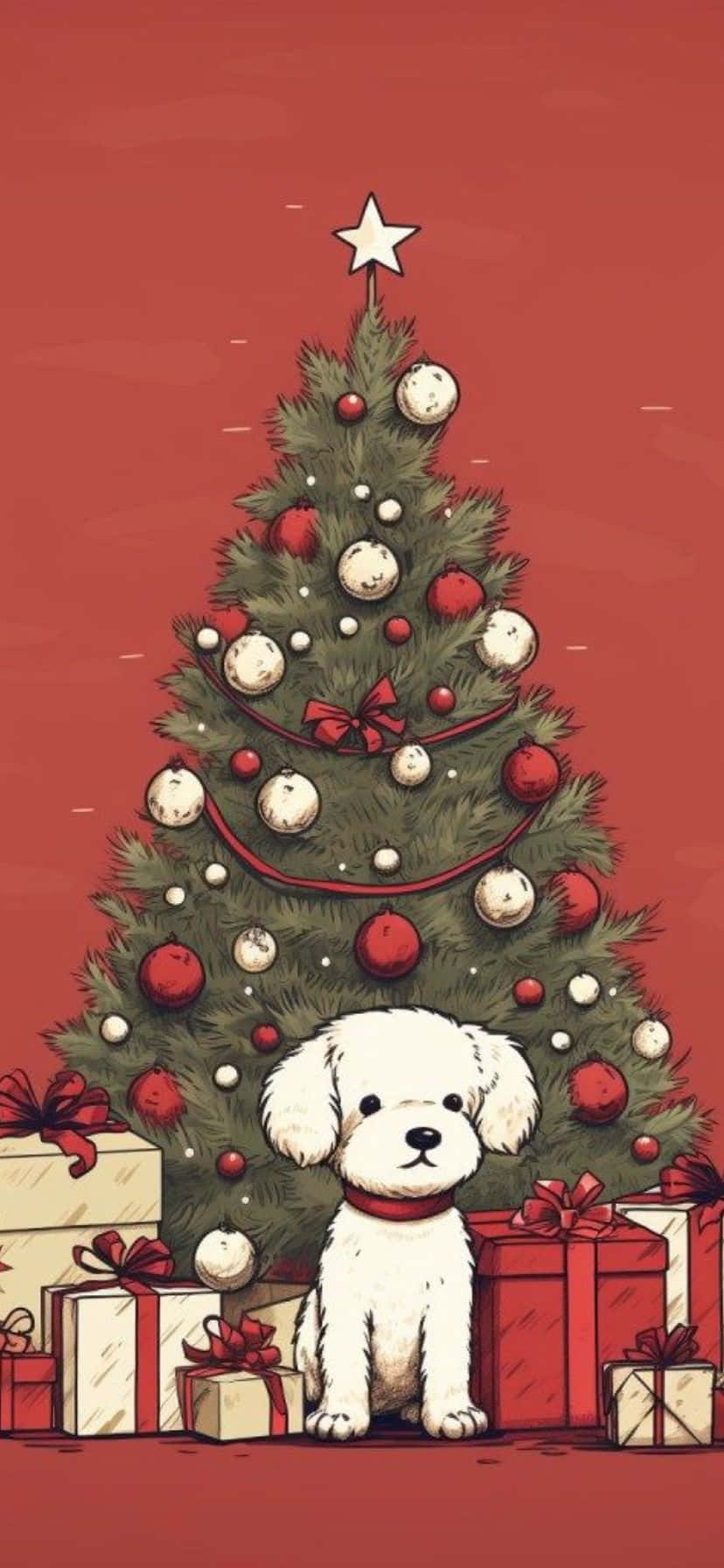 vintage christmas puppyand tree, fluffy white puppy, decorated Christmas tree, HD Phone Wallpaper