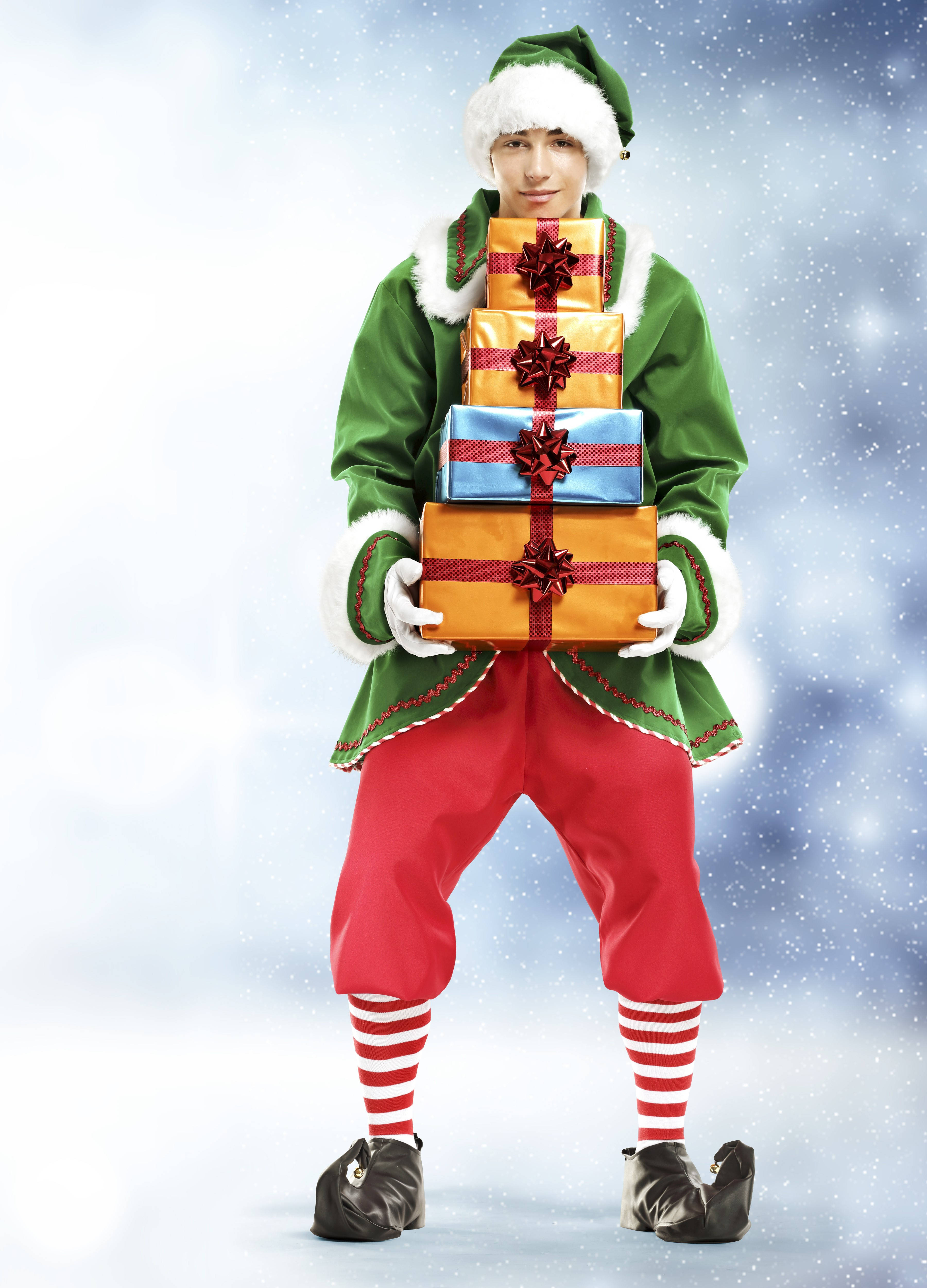 Christmas Elf, green and red attire, colorful wrapped gifts, 4K Phone Wallpaper