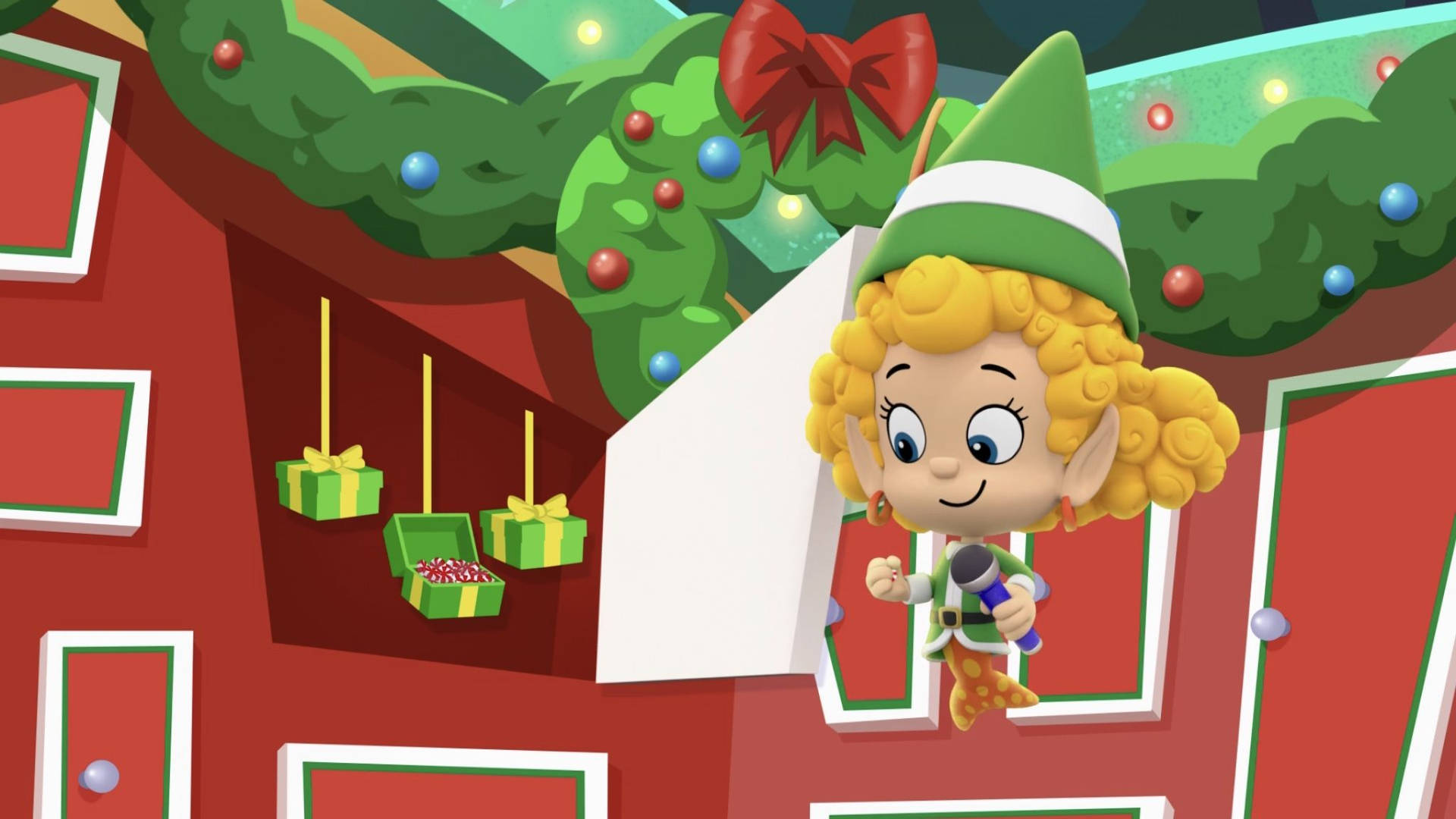 Christmas Elf, curly blonde hair, red door, Full HD Desktop Wallpaper