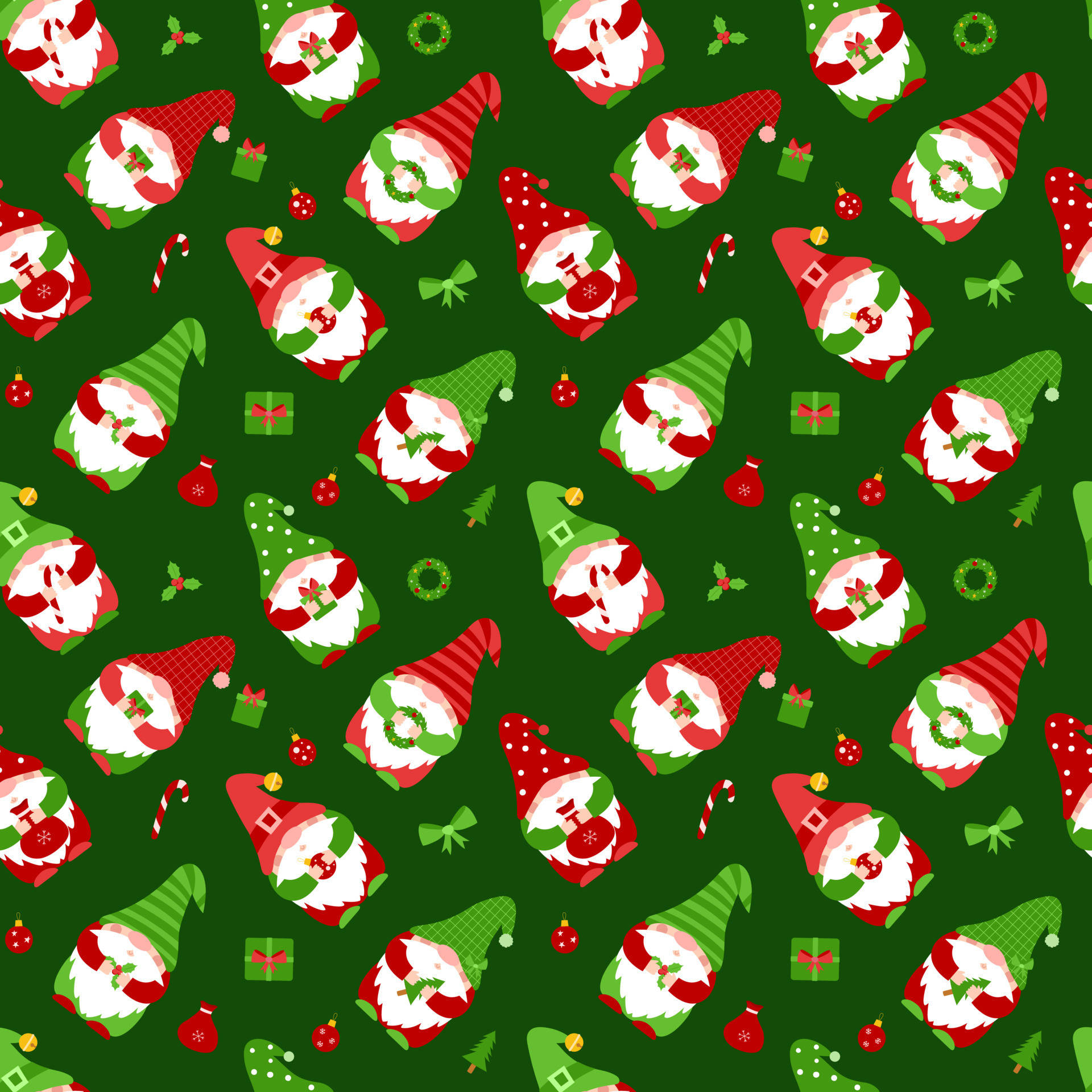 Christmas Elf, cheerful cartoon gnomes, red and green hats, Full HD Desktop Wallpaper
