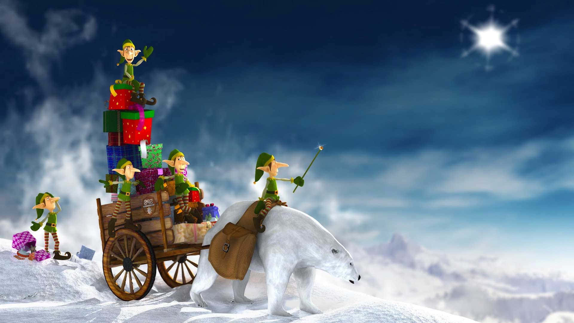 Christmas Elf, polar bear, wagon, Full HD Desktop Wallpaper