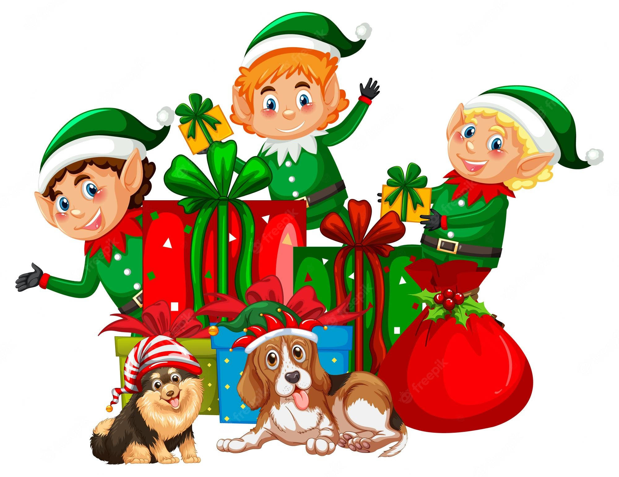 Christmas Elf, green hats, colorful gift boxes, Full HD Desktop Wallpaper