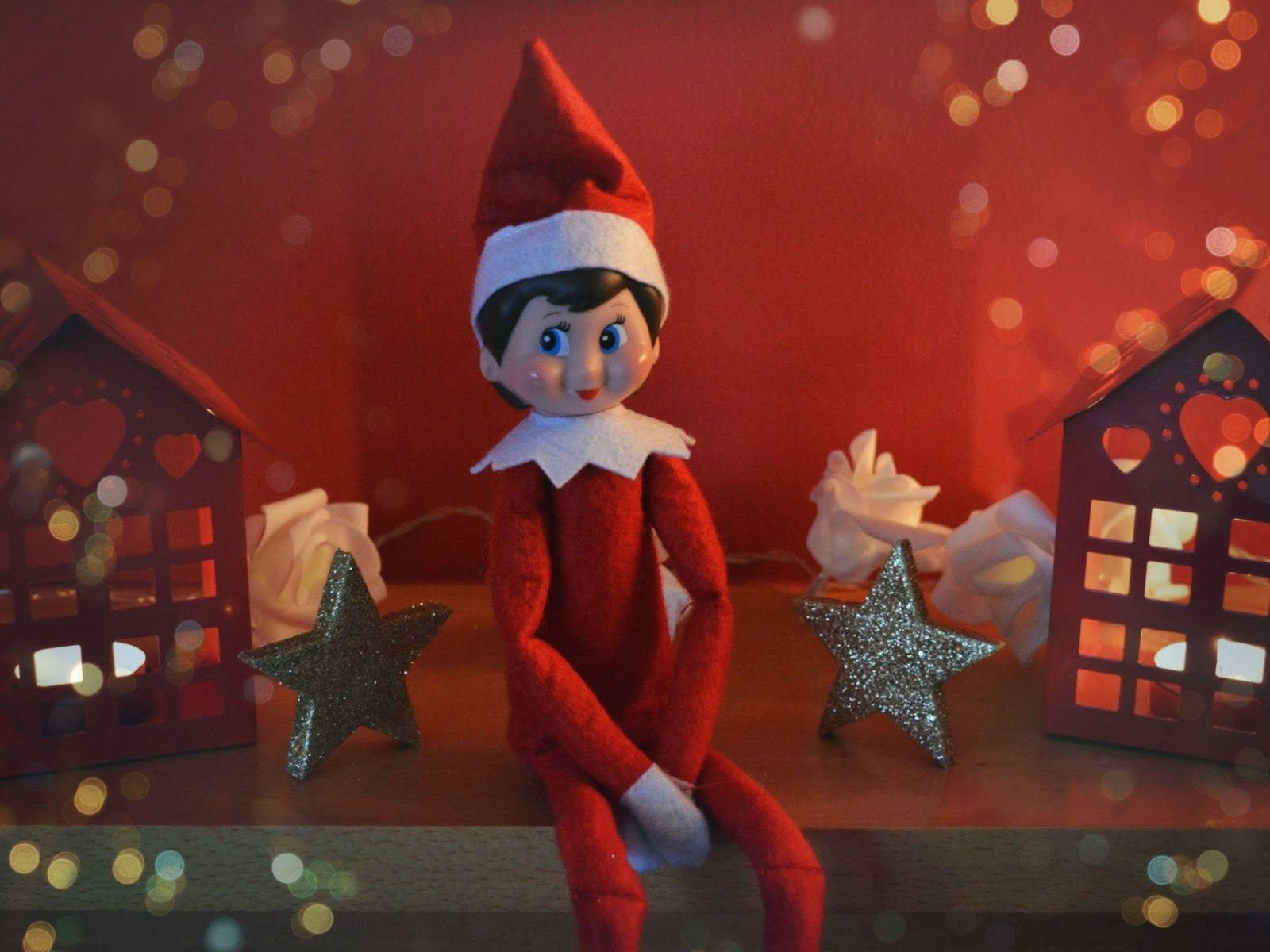 Christmas Elf, red, glittery stars, HD Desktop Wallpaper