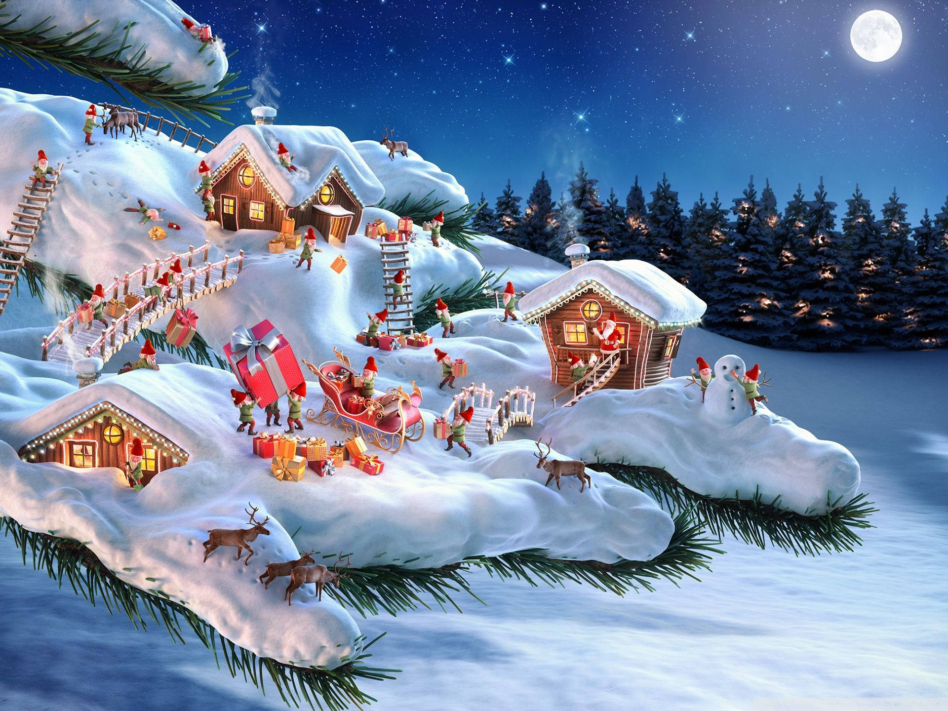 Christmas Elf, snowy village, giant pine branch, Full HD Desktop Wallpaper