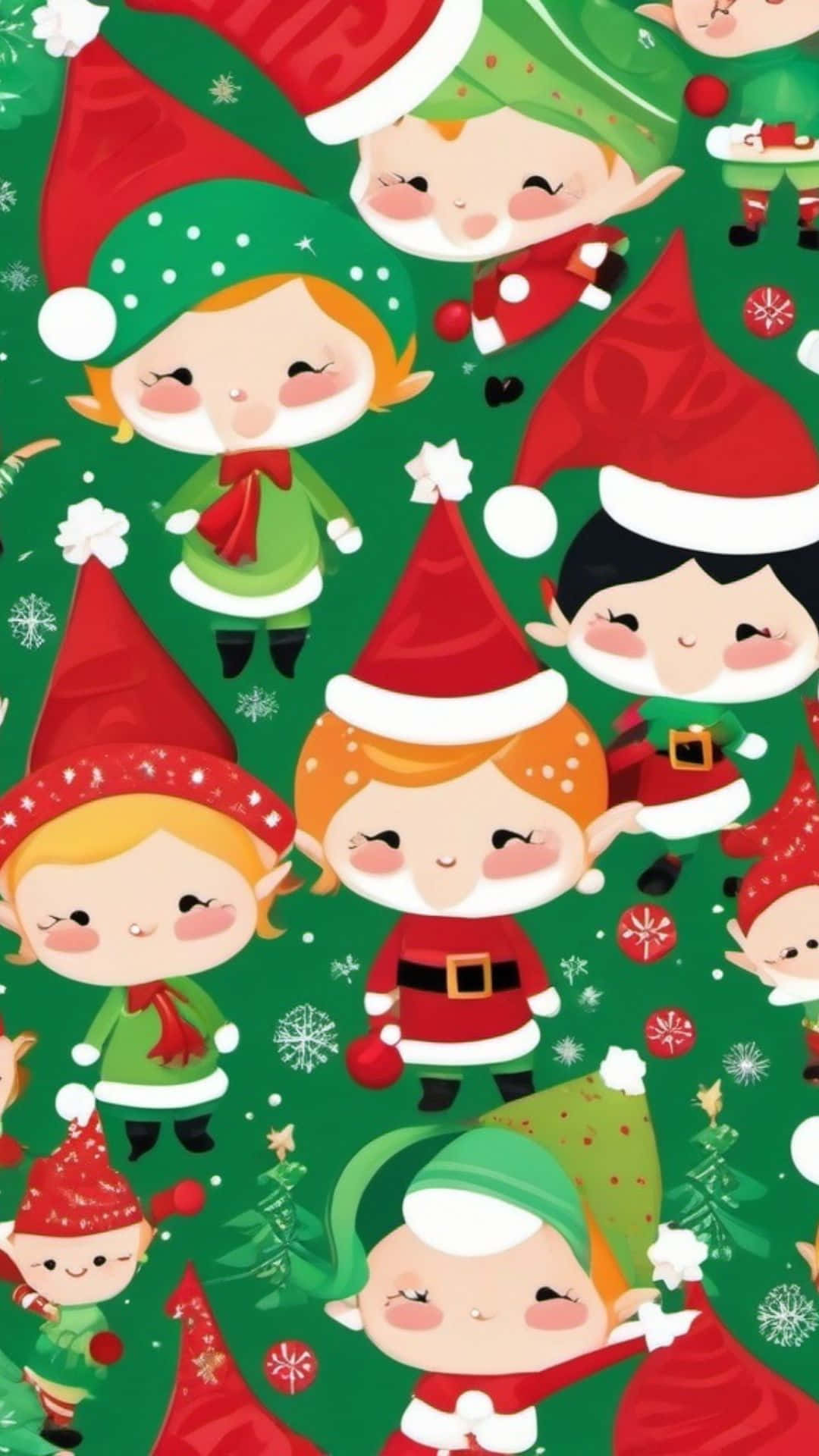 Cute Christmas Elf Pattern, red and green hats and outfits, festive green background, Full HD Phone Wallpaper