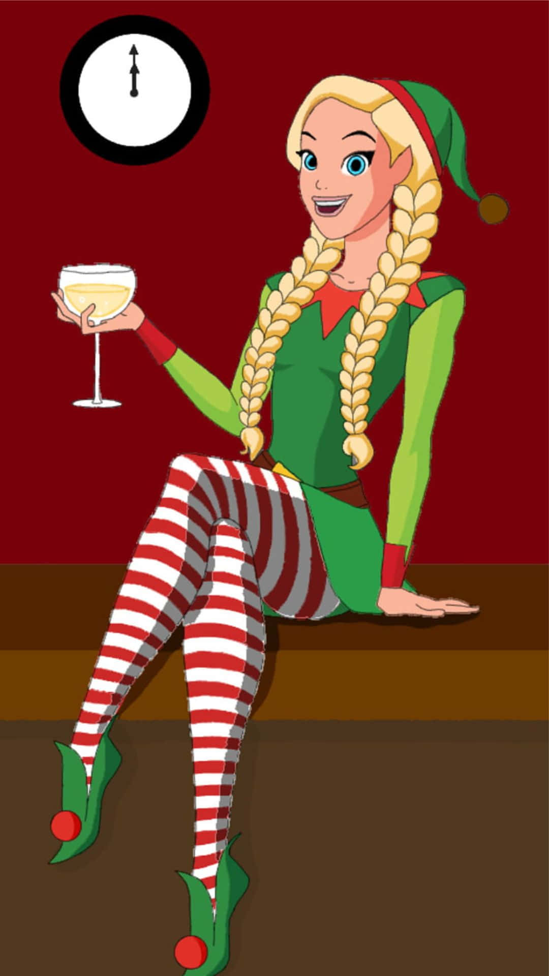 Christmas Elf, braided blonde hair, glass of champagne, Full HD Phone Wallpaper