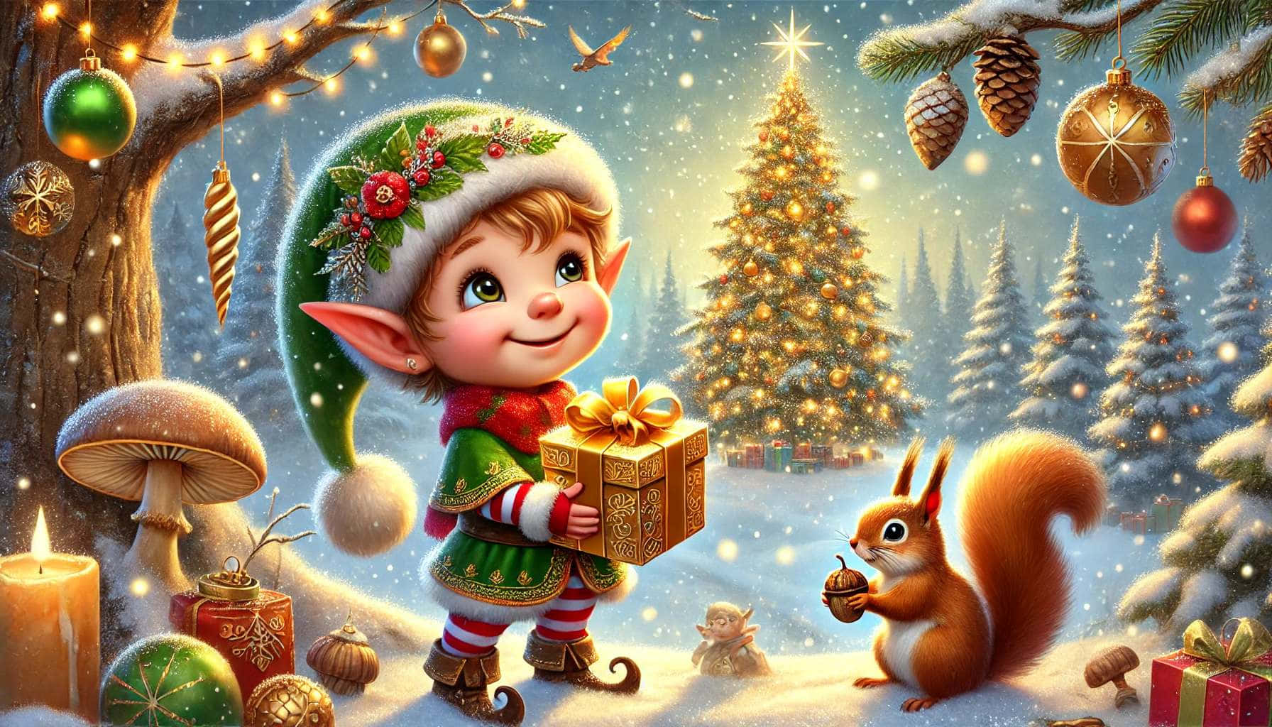 Christmas Elf, green hat, golden gift box, HD Desktop Wallpaper