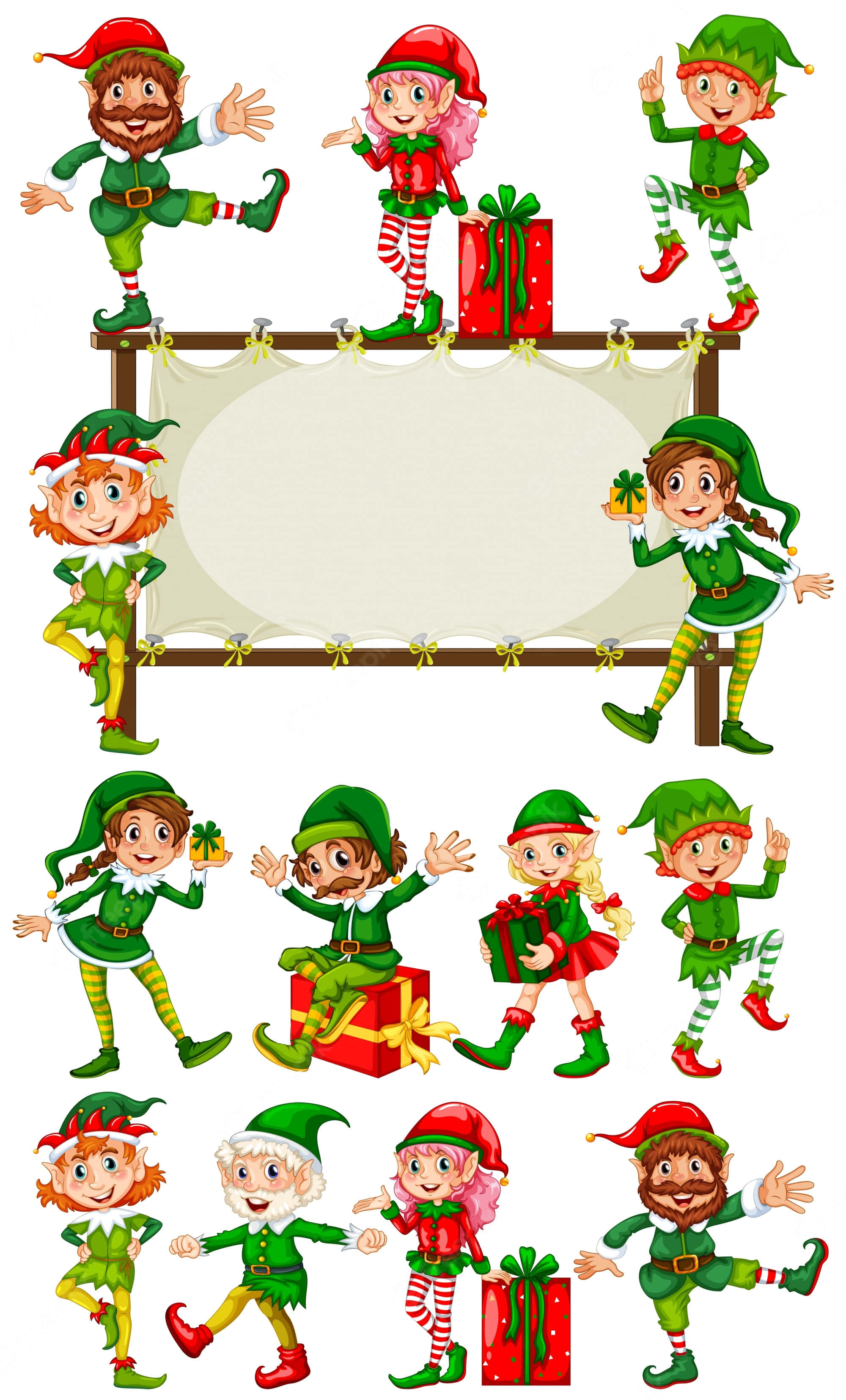 Christmas Elves, green outfits, gifts, 2K Phone Wallpaper