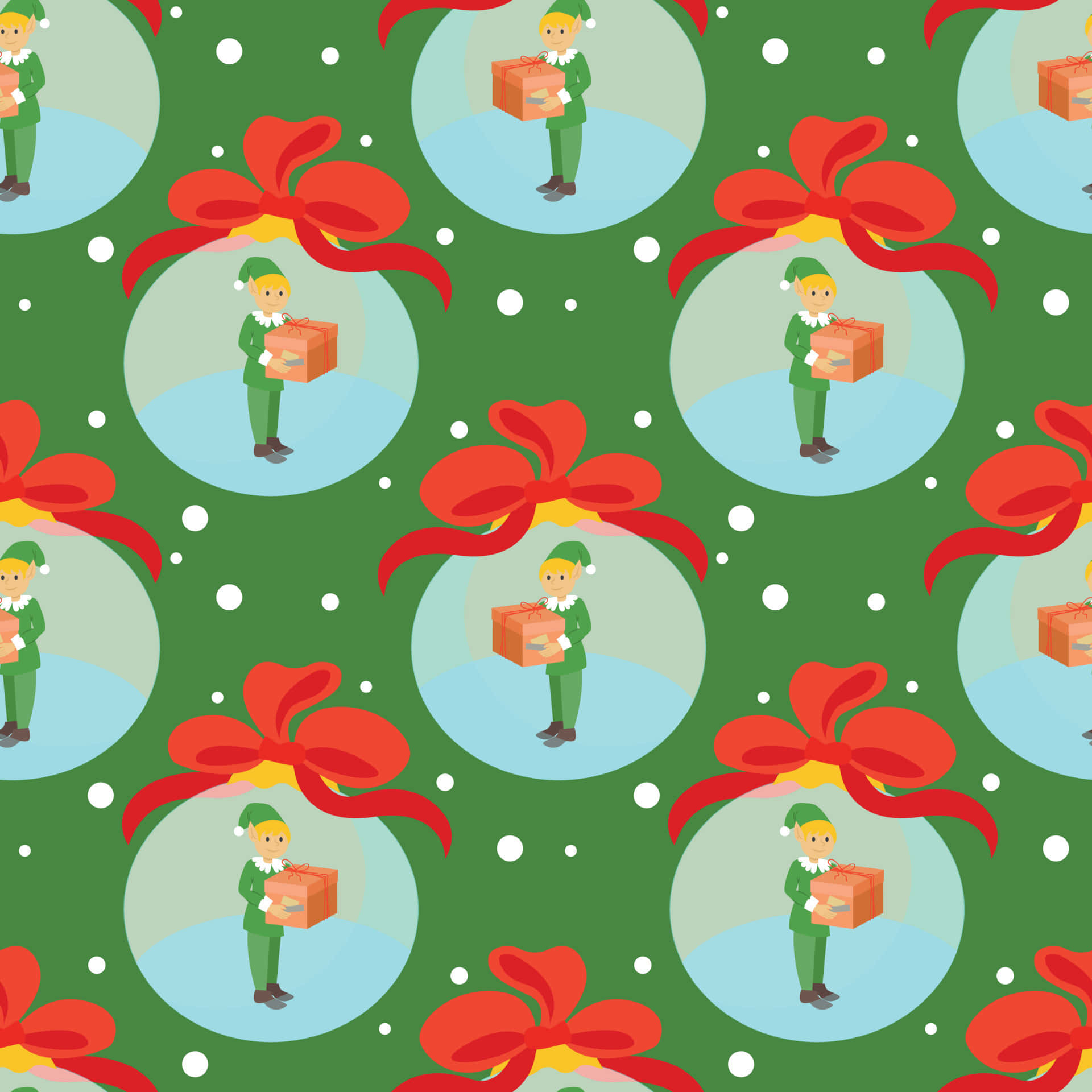 Christmas Elves, snow globe bubbles, red bows, Full HD Desktop Wallpaper