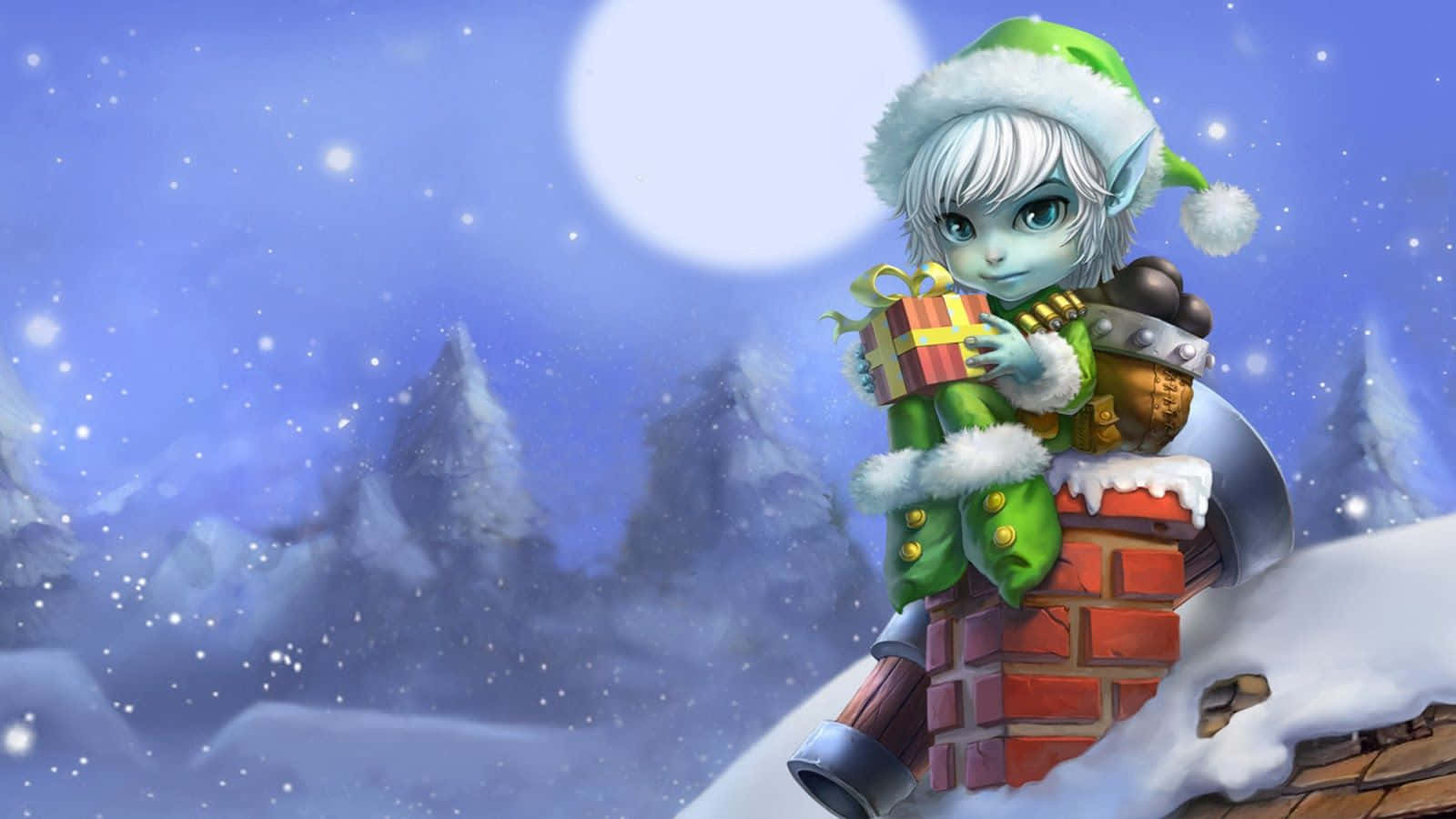 Christmas elves, green winter gear, snowy chimney, HD Desktop Wallpaper