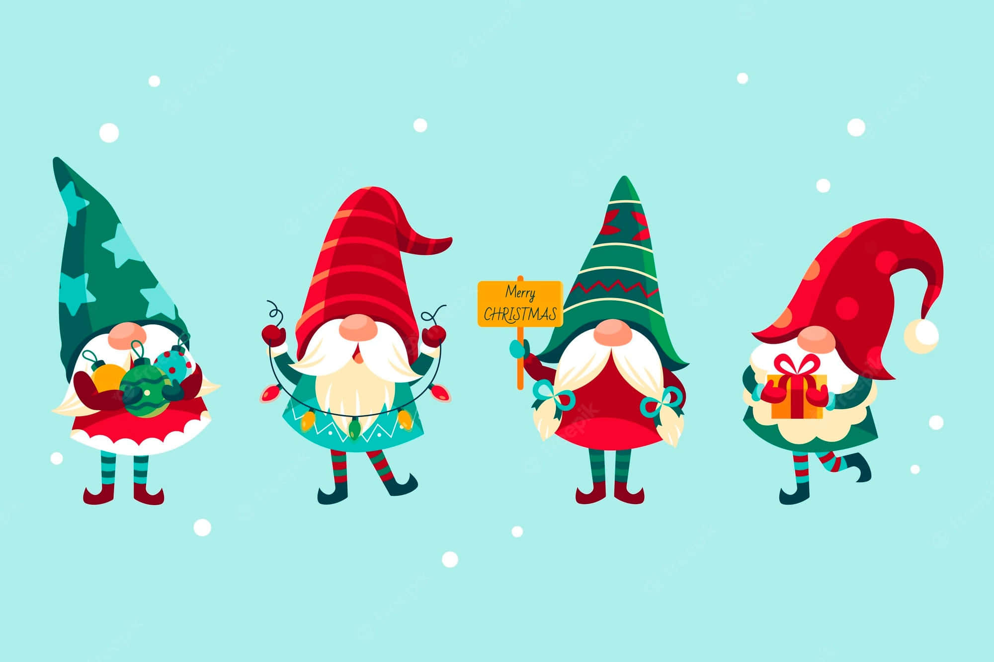 Christmas Elves, cartoon gnomes, festive hats, Full HD Desktop Wallpaper