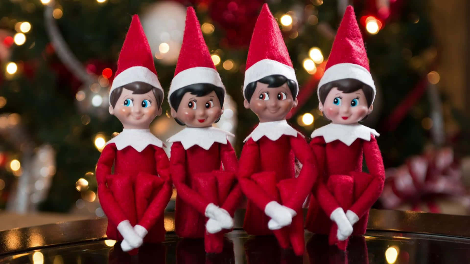 Christmas Elves, red outfits, reflective surface, Full HD Desktop Wallpaper