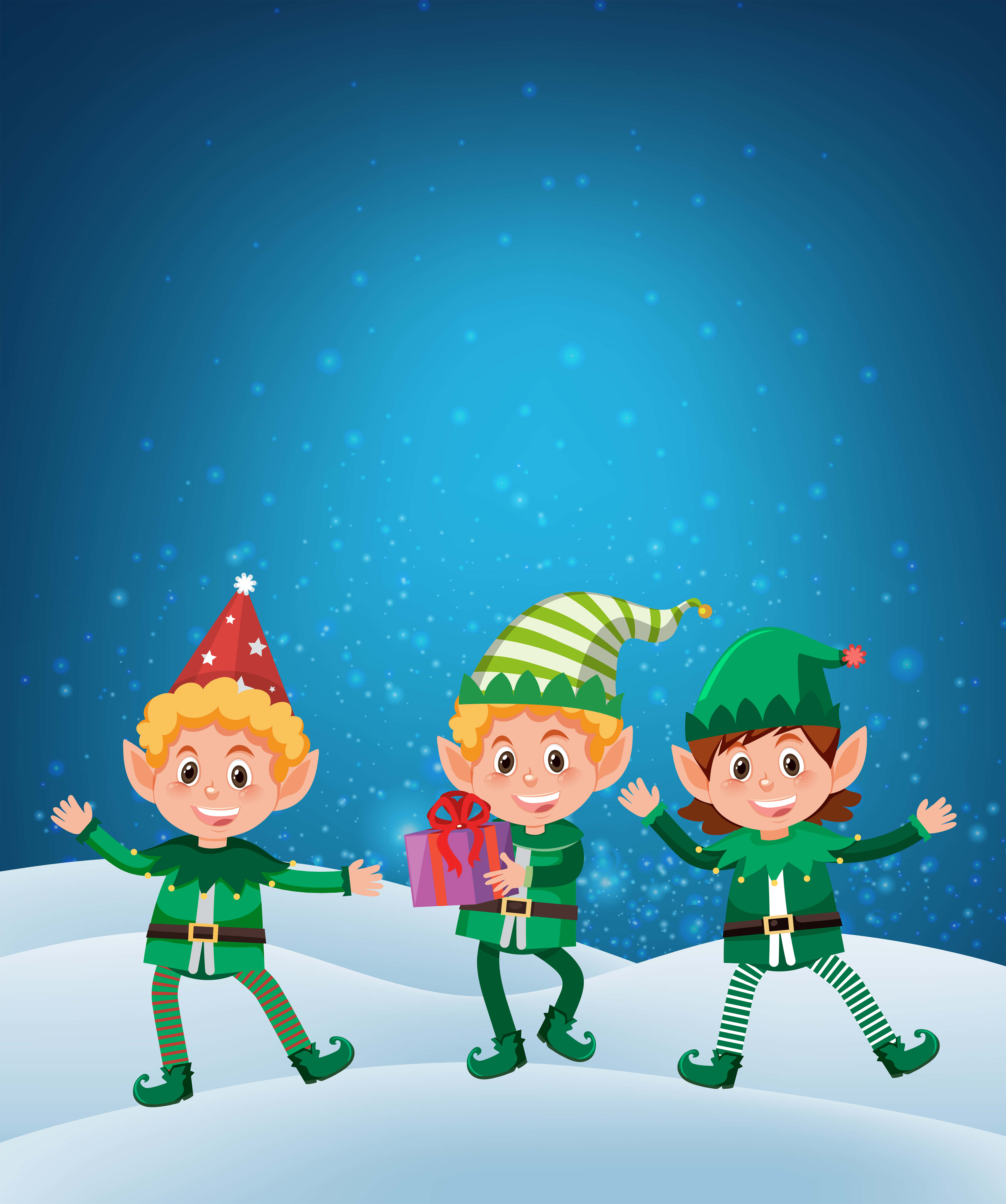 Christmas Elves, festive hats, snowy ground, 5K Phone Wallpaper
