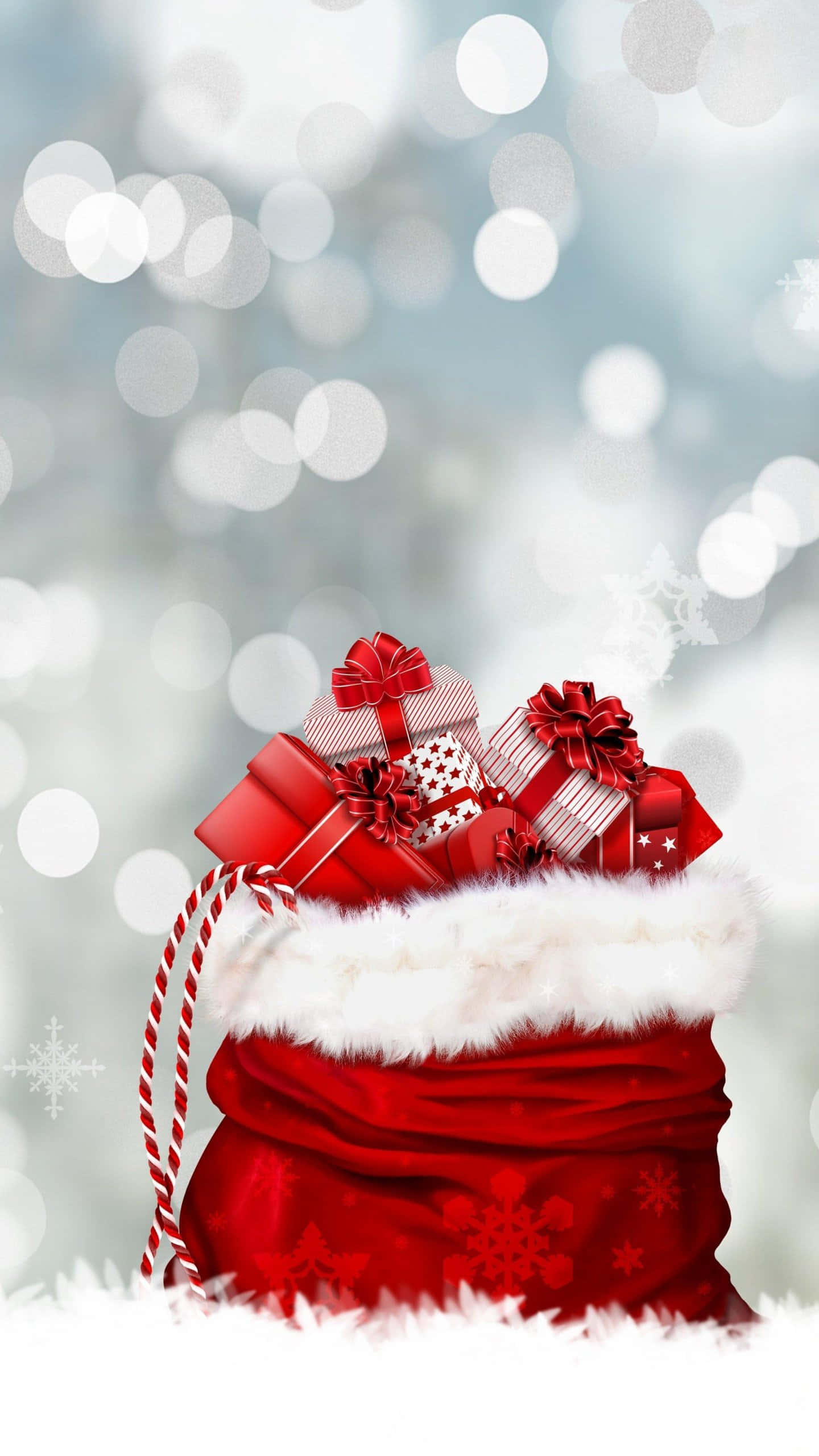 Christmas Eve, red Santa sack, wrapped gifts, 2K Phone Wallpaper